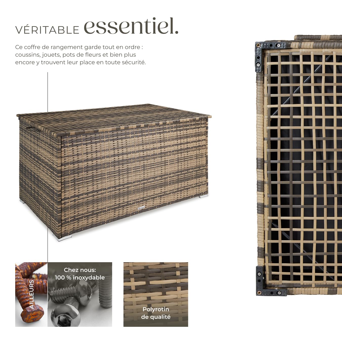 tectake® Coffre de jardin Exterieur, Coffre à Coussins 750 L en Aluminium Polyrotin 145 x 82,5 x 79,5 cm, Couvercle Rabattable, Poignées pour Rangement des Outils de Jardin, Jouets - 3