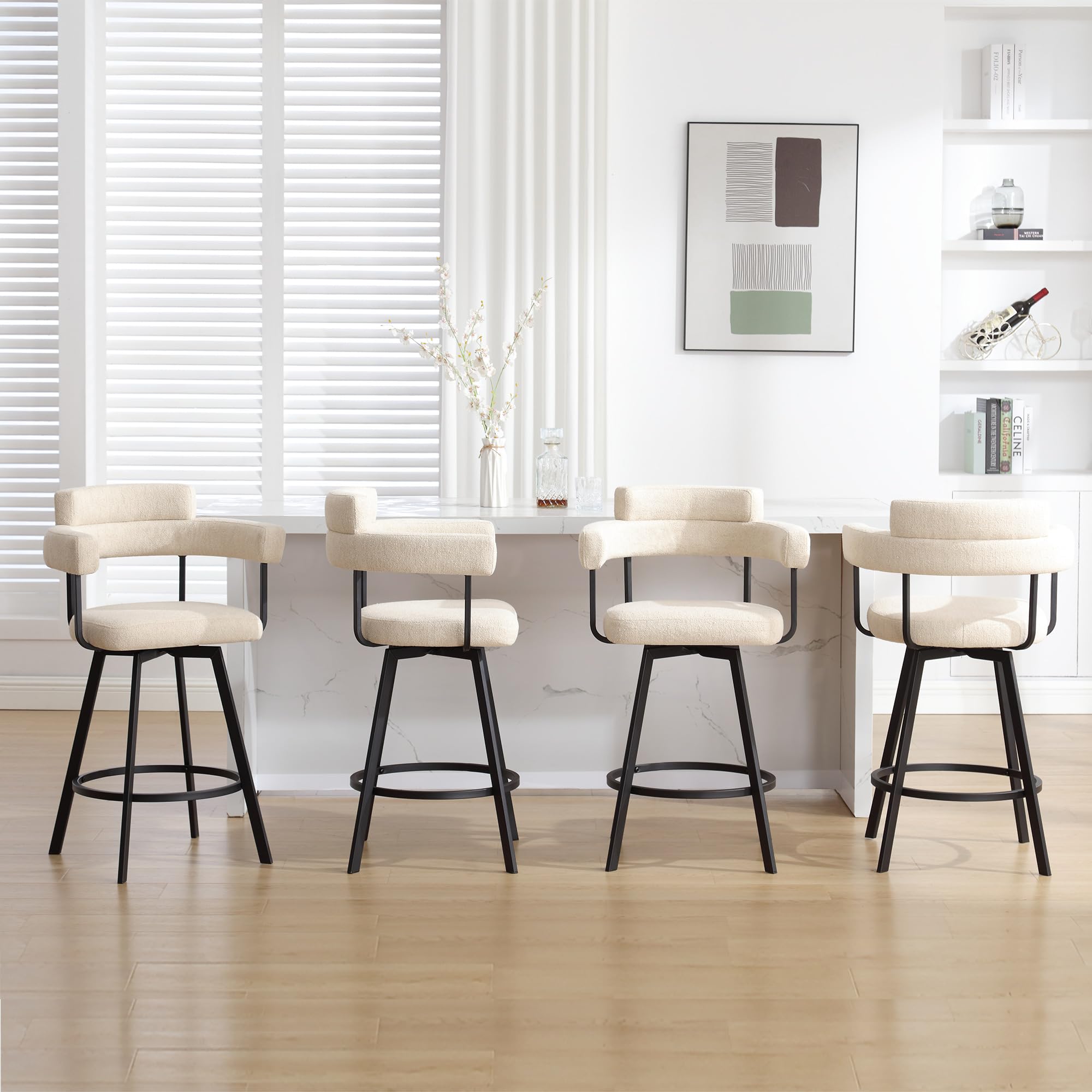 Zibeths 26" Mid Century Modern Bar Stools Swivel, Ergonomic Counter Height Bar Stools Set of 4, Upholstered Counter Chairs with Curved Back and