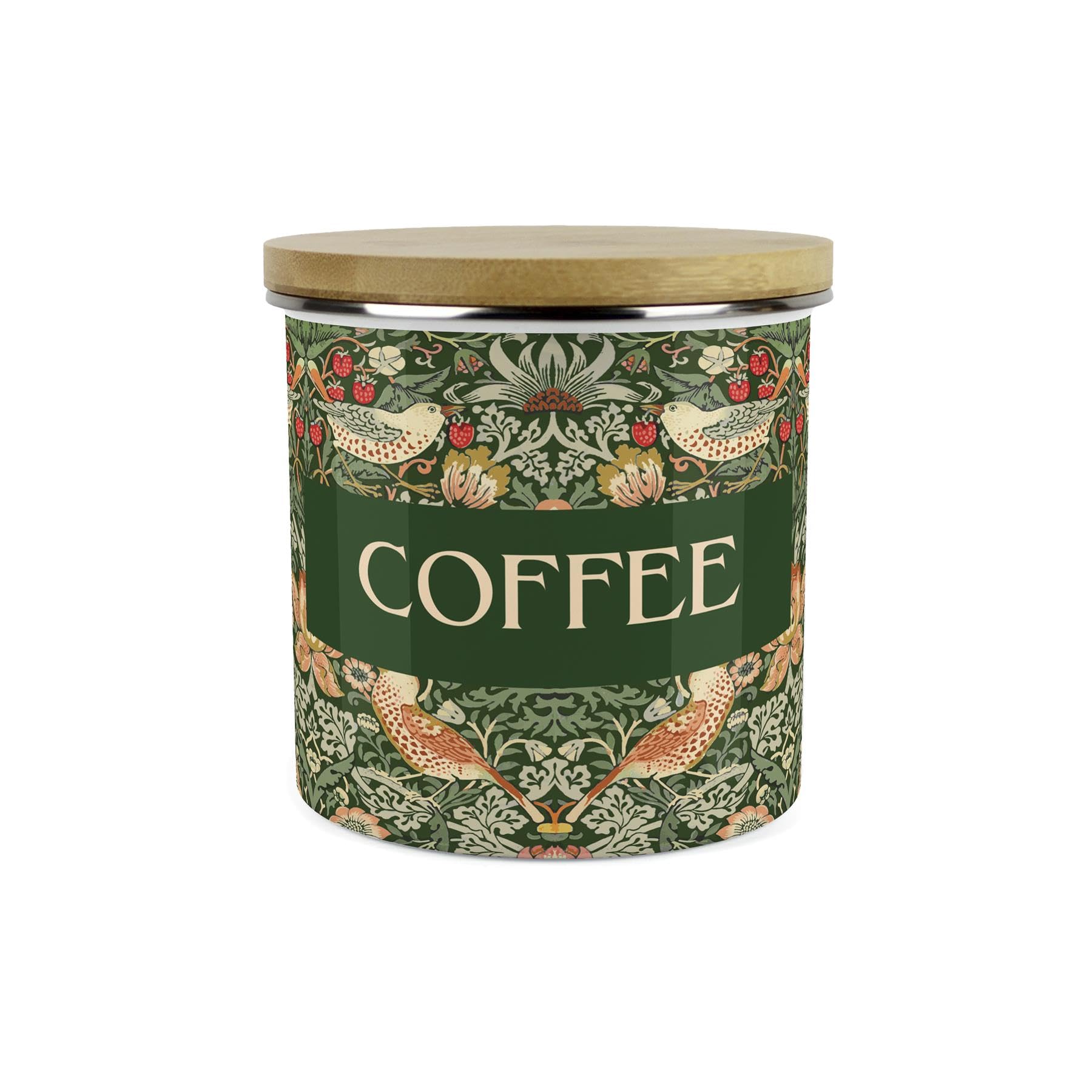 Purely Home Green Strawberry Thief Coffee Storage Canister - Morris Inspired Floral Tapestry Artwork - 1.2L Enamel Hot Drinks/Food Kitchen Storage Container
