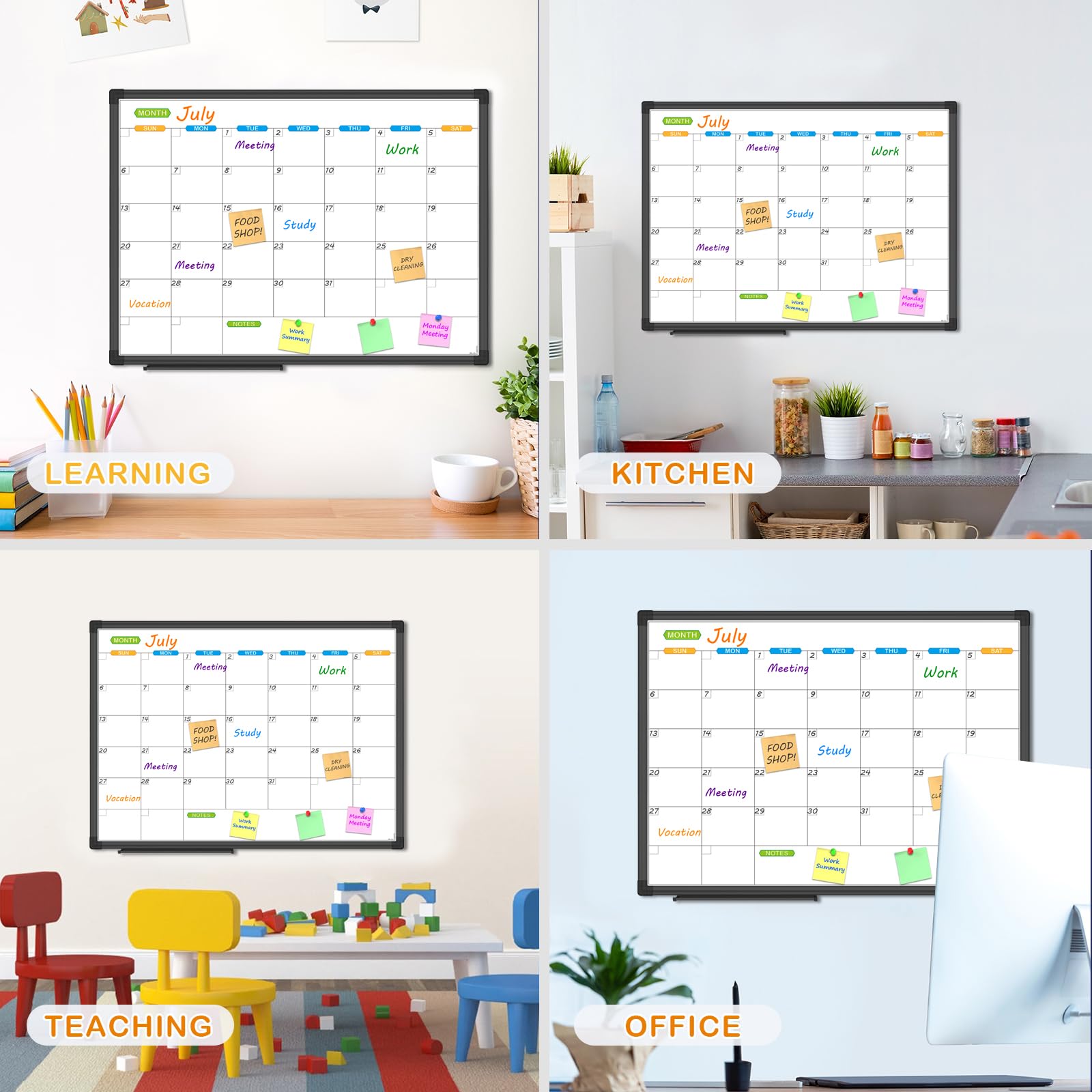 JILoffice Calendrier magnétique effaçable à sec - 1 mois - 61 x 45,7 cm - Cadre en aluminium noir - Fixation murale - Pour bureau, maison et école