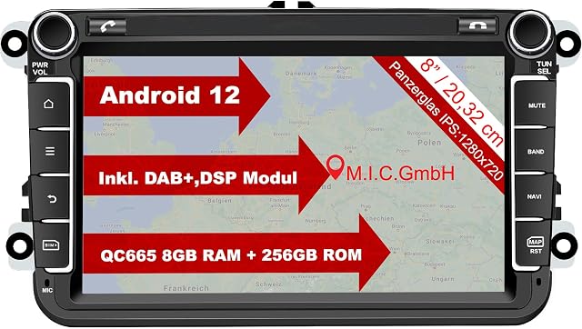 M.I.C. AV8V6 Android 10 radio samochodowe z systemem nawigacji: DSP DAB+ radio cyfrowe BT 5.0 WLAN, 8, IPS, szkło pancerne, ekran AHD 4G+64G USB, SD, GPS ,tuning do marek VW, Skoda, Seat, Polo, Golf, Passat, Touran T5