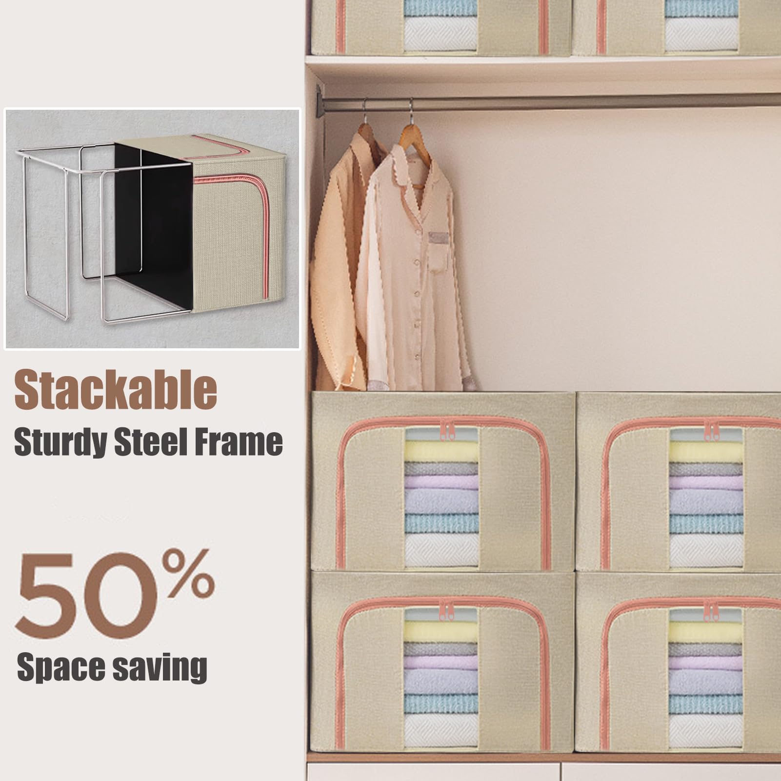 KXF Kleiderschrank-Aufbewahrungsboxen, 3 Packungen, 100 l, wasserdicht, stapelbar, faltbar, Oxford-Stoff, Stahlrahmen, Schrank, Kleidung, Aufbewahrungstasche, klares Fenster und Tragegriffe für