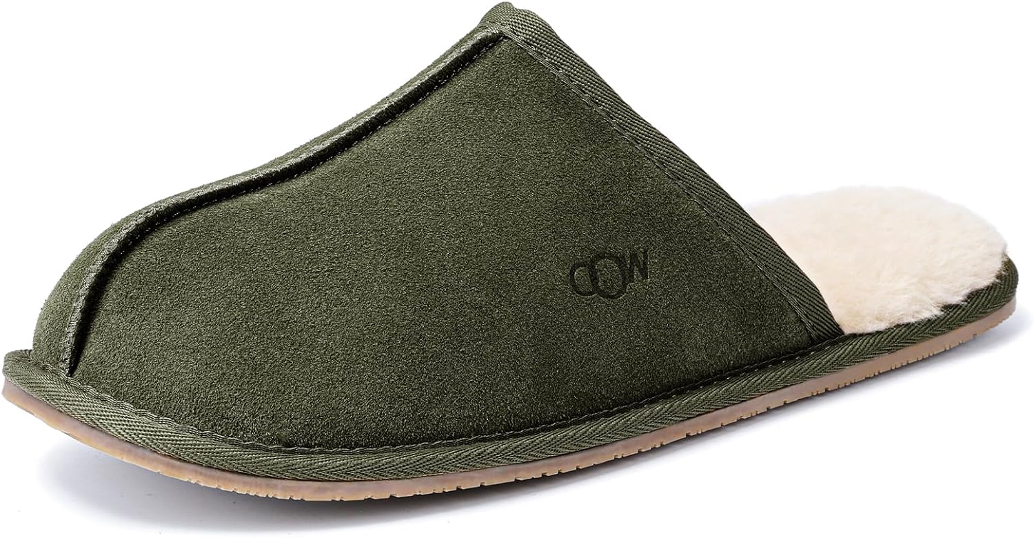 OOW Mens Slippers Genuine Suede House Slippers for Men Cozy Fuzzy Memory Foam Shoes Outdoor Non-Slip Fall Winter Footwear