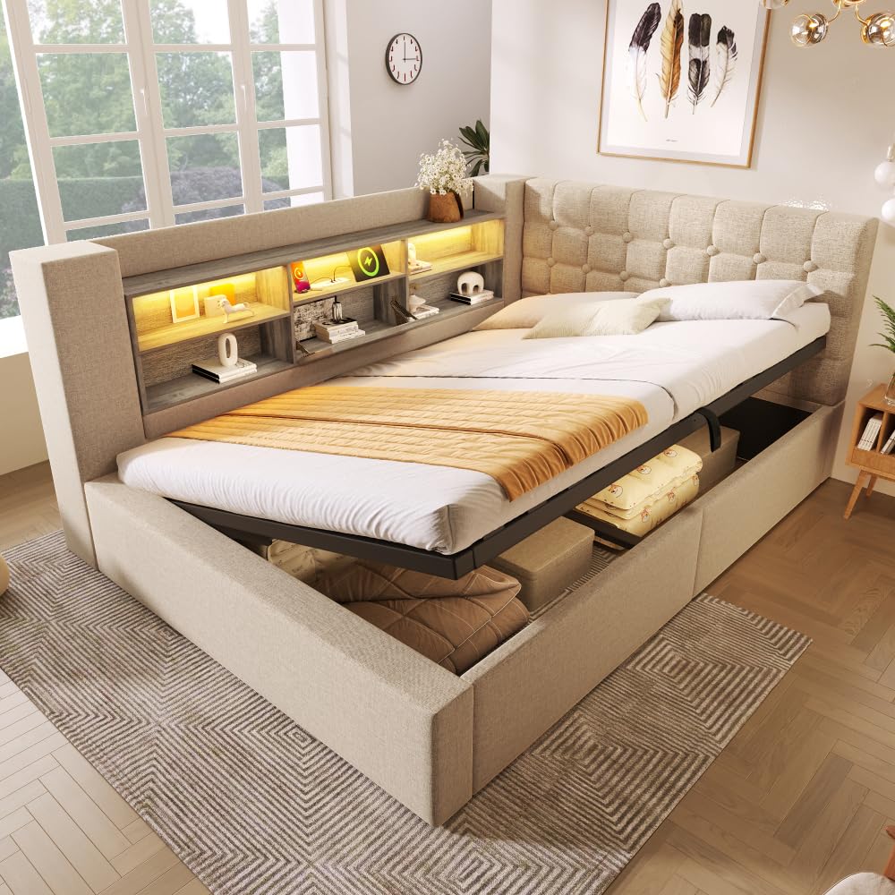 Lit simple rembourré en lin 140x190 avec éclairage LED,lit coffre hydraulique avec rangement,tête de lit en L avec rangement,montable des deux côtés,sommier à lattes (sans matelas) (Beige,140x190)