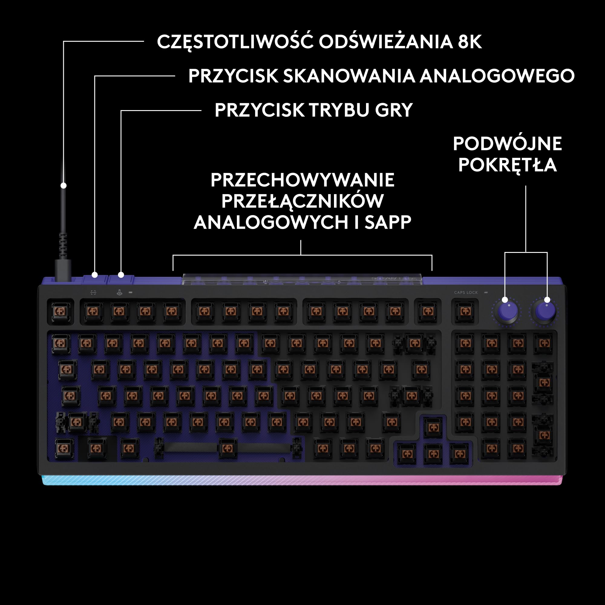 Logitech G G512 X 98 DUAL SWAP, analogowa/mechaniczna klawiatura do gier z wymiennymi czujnikami TMR, częstotliwość odświeżania 8K, SZYBKIE WYZWALANIE, LIGHTSYNC RGB, PC, Mac, US INT'L QWERTY - Czarny