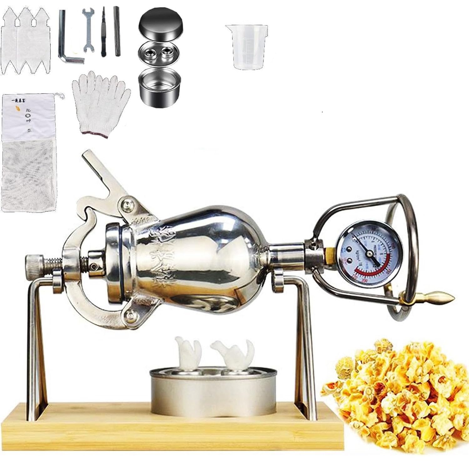 Mini macchina per popcorn, in acciaio inox, stile vintage, con manico, manometro, corpo spesso per mais, fagioli verdi, riso, soia e grano