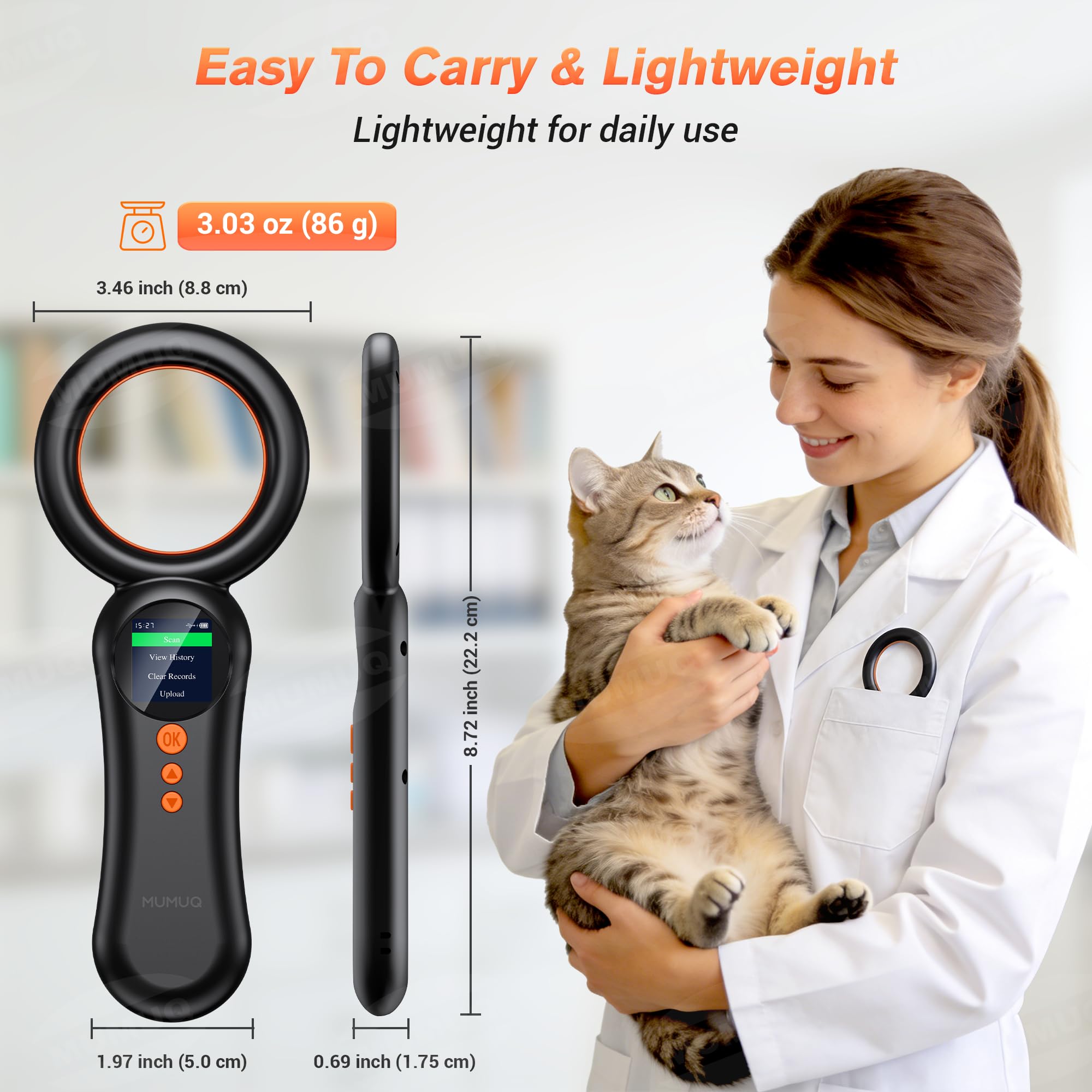 Lecteur de Puce électronique pour Animaux, Compatible FDX-B (ISO11784/85) et EMID – Scanner Puce Chien Chat NAC avec mémoire intégrée pour 500 enregistrements et écran LCD 1,44 Pouce