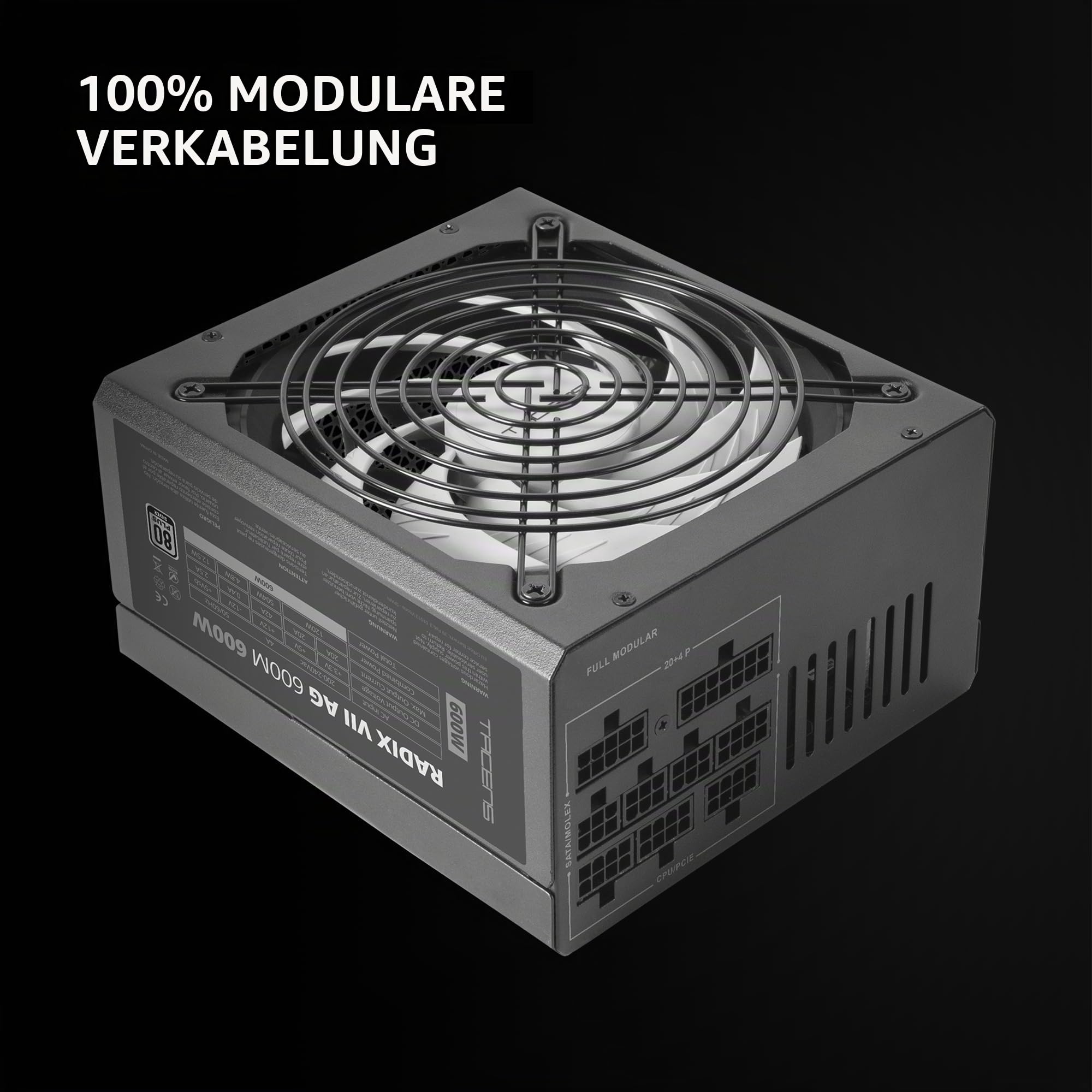 Tacens Radix VII AG 600, Vollmodulares 600W ATX-Netzteil, 10 Jahre Garantie, 80Plus Silver, +87% Wirkungsgrad, 140mm FDB-Lüfter mit AI-RPM Technologie, Japanische-Kondensatoren 105º, Schwarz