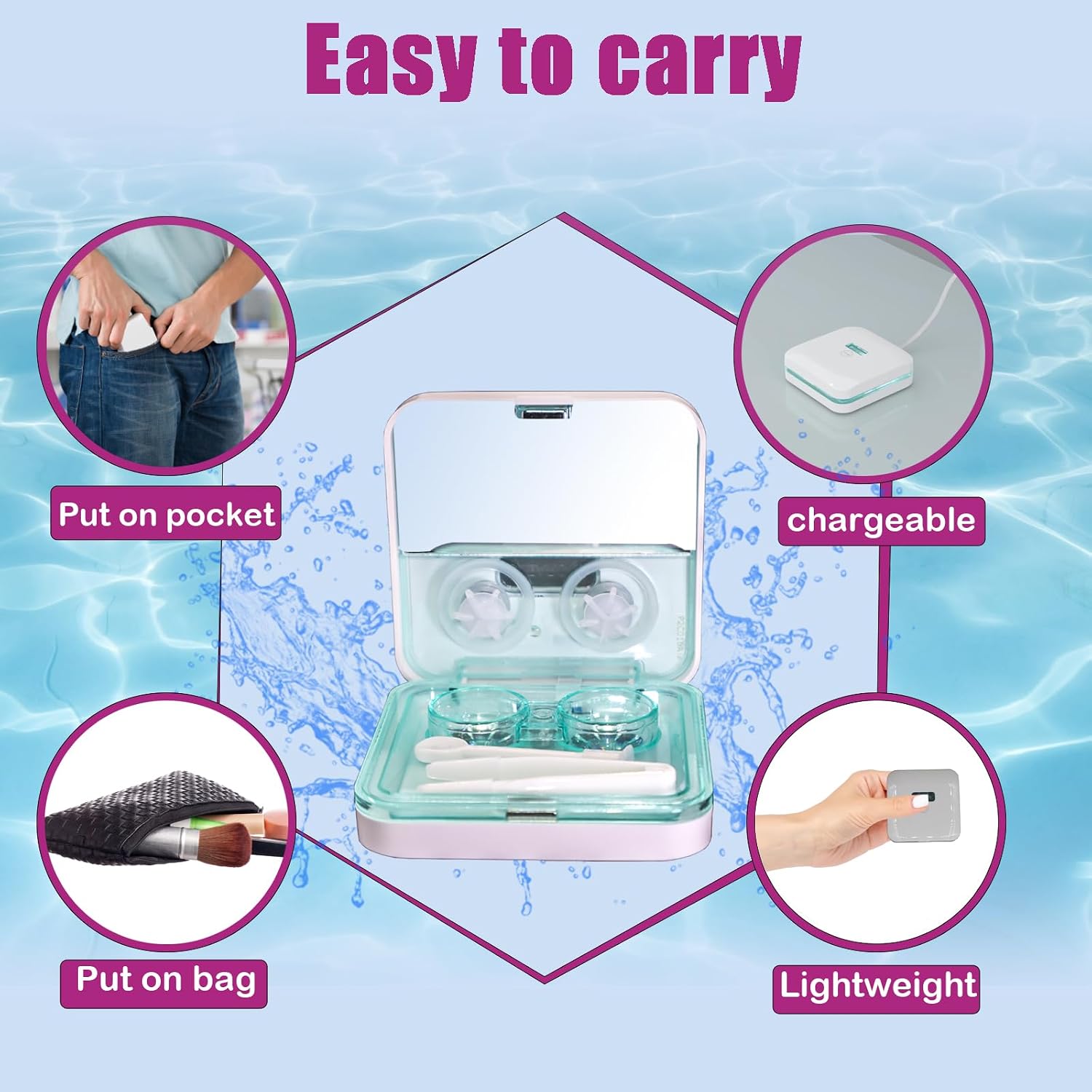 Contact Lens Cleaner Machine EV Plus, Portable Physical Technology Deep Clean with LED Light Tweezer Soak Case Kit, Magnetic Cleaning Slot USB Charger for Long-Term Lens/Colored Lens/Soft Lens(Pink)
