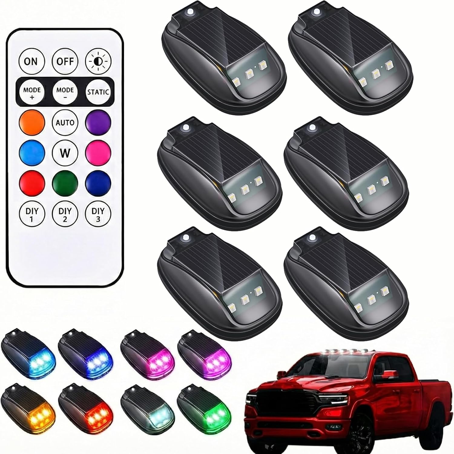 HUBAI 4/5/6PCS Solar Cab Lights, Solar Car Roof RGB Strobe Light, No Drill Solar Powered Cab lights with Remote Control, 8-Color,Waterproof, For Truck Suv Rvs Jeep Pickup (5pcs)