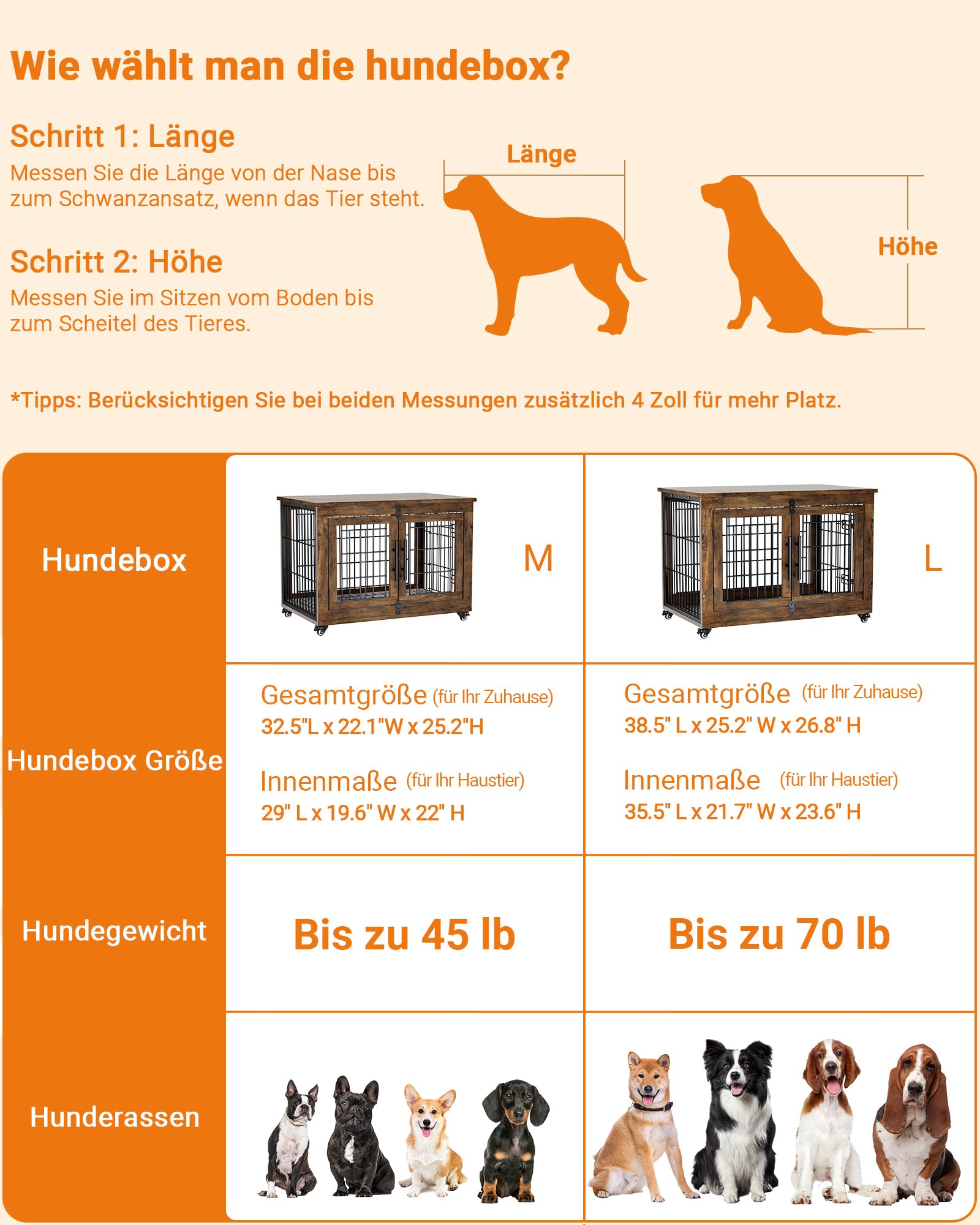 GIKPAL Hundebox für Zuhause mit Kissen, 83cm Hundekäfig Möbel für Drinnen mit Doppeltüren und Rädern, Moderne-Hundebox Holz für Klein, Mittlere Hunde bis zu 45 lb, 83x56x64cm, Rustikales Braun