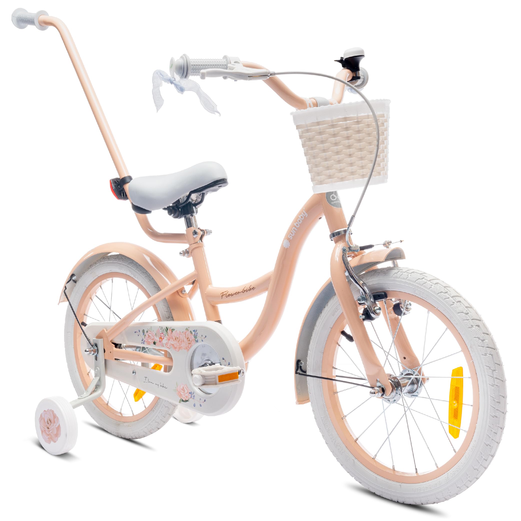 sun baby Flower Bike Bici bambina 12/14/16 pollici, bicicletta per bambini con rotelle, barra di spinta, cestino, campanello, freno contropedale e V-Brake