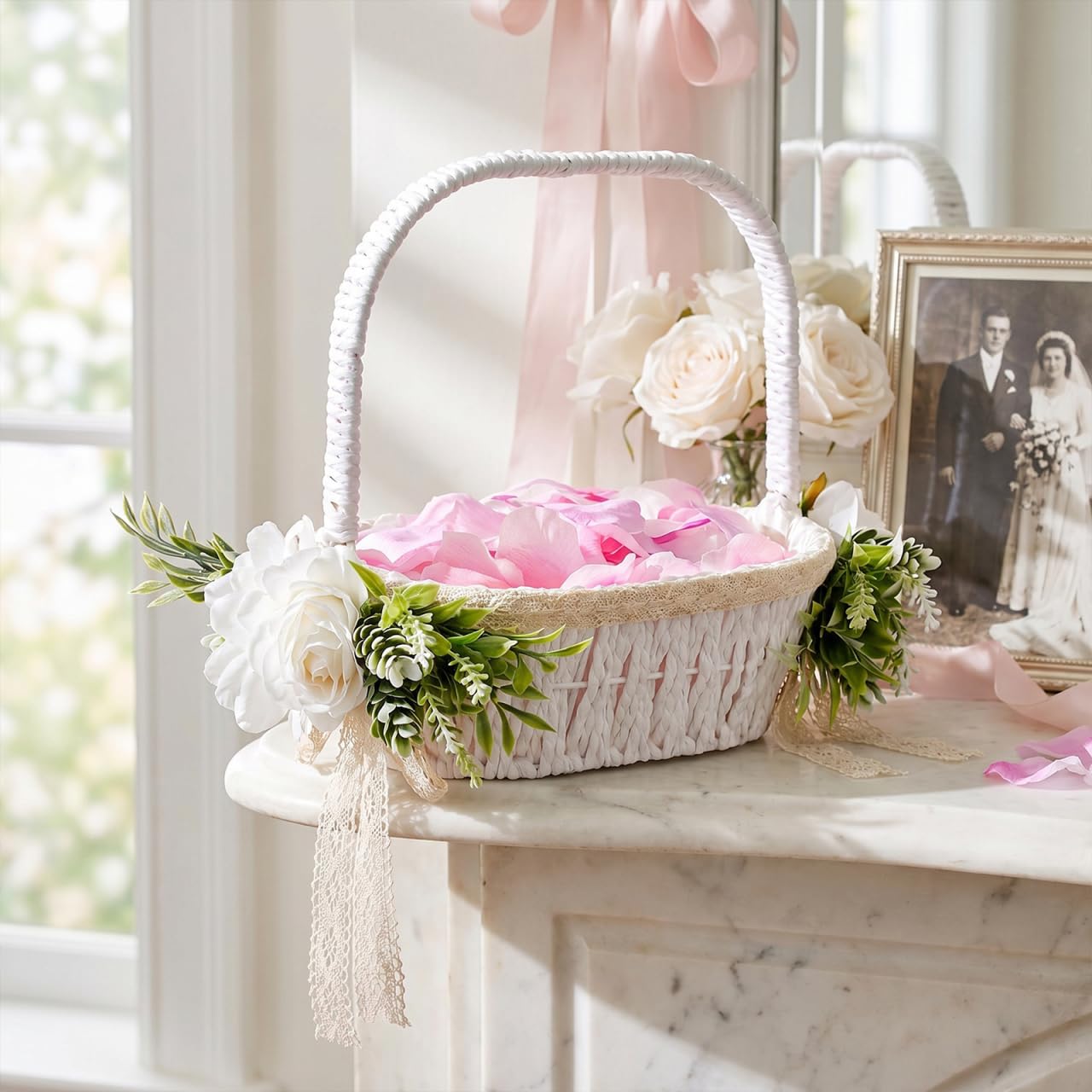 STOBAZA Romantischer Hochzeitskorb Handgewebter Blumenkorb eleganter Griff für besondere Anlässe