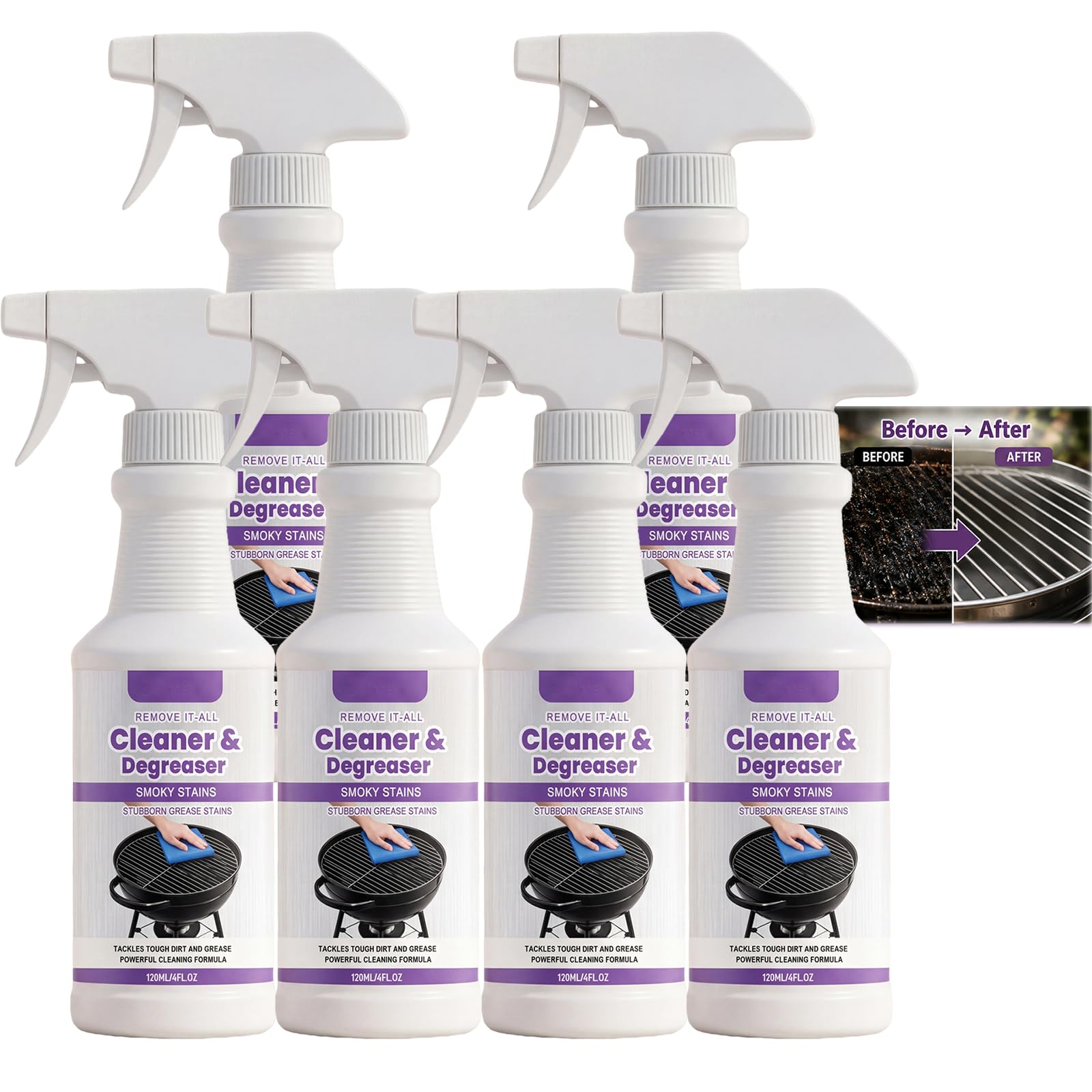 Schnell wirkendes Spray für BBQ-Grills - Hochleistungs-Grillreiniger & Entfetter, Edelstahl-Reiniger, entfernt rauchige Flecken, verbrannte Rückstände und Fett, funktioniert auf Außengrills, (6 Stück)