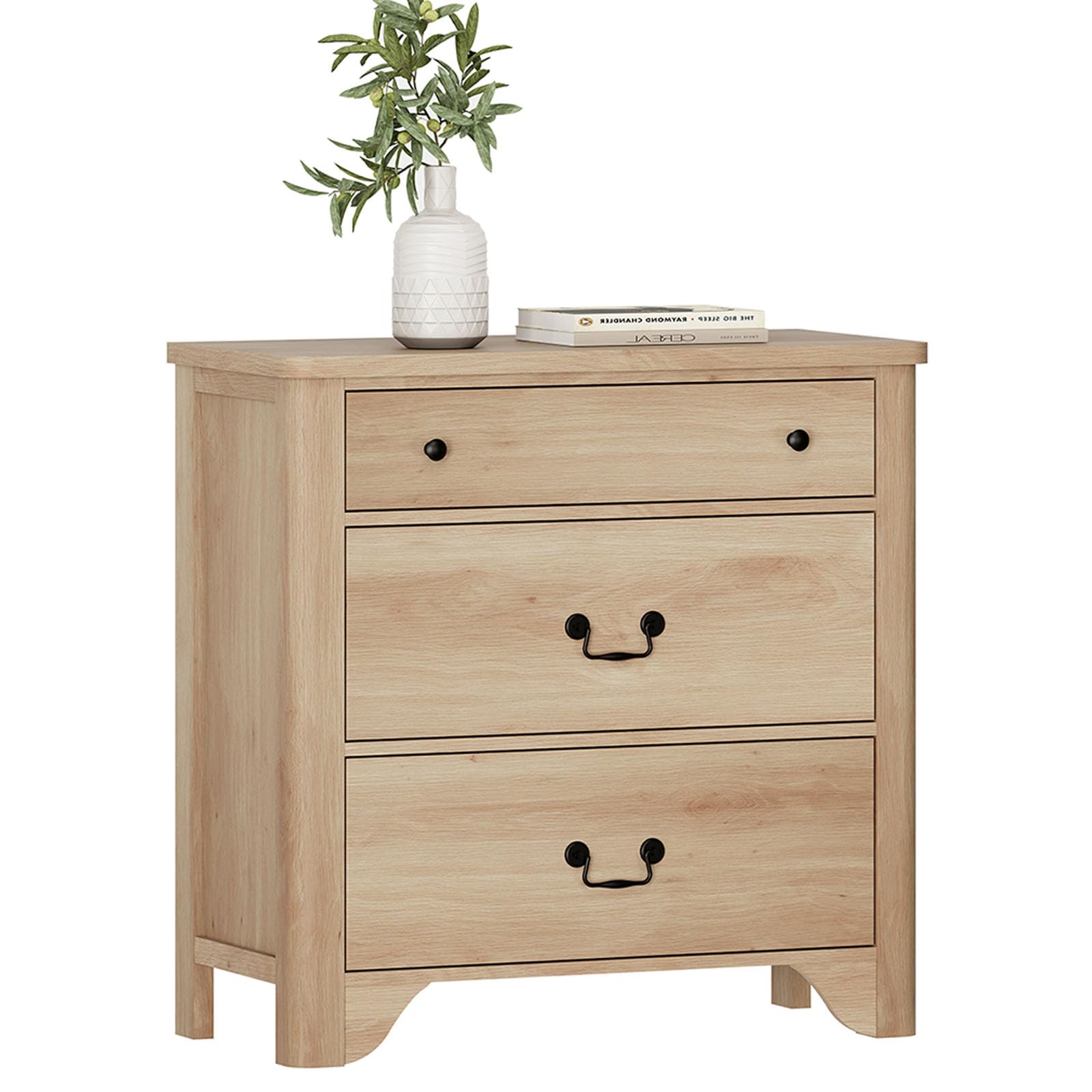 WAMPAT Farmhouse Nightstand with 3 Drawers,Oak Night Stand Bedside Table with Wide Chest of Drawers,Wooden Nightstand End Table with Solid Wood Feet for Bedroom, Living Room