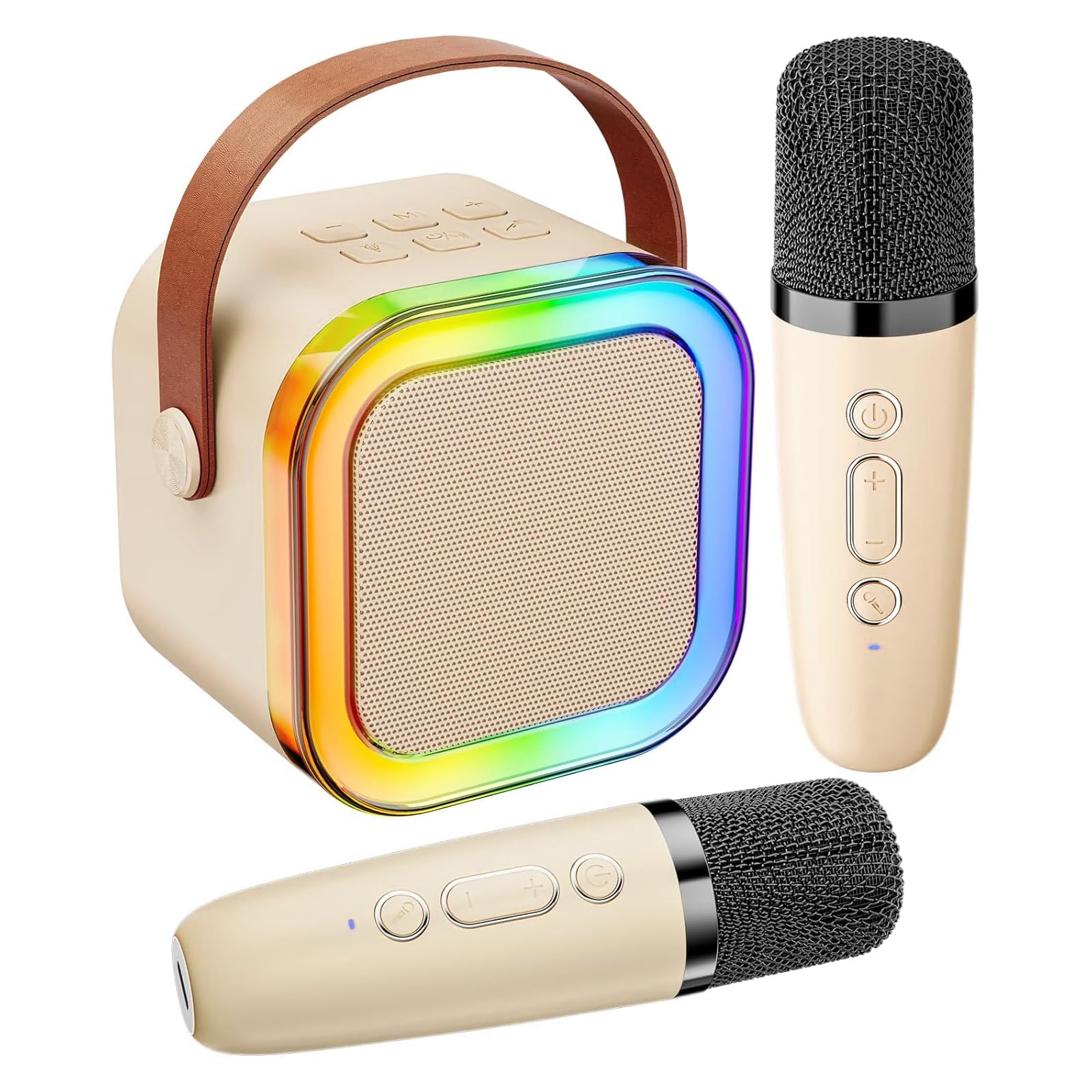 Irosiy Portable Karaoke Machine with Dual Microphones, Hi-Fi Bluetooth Speaker with Colorful Lights, Supports TF Card, USB, AUX, Mini Size for Travel, Parties, and Outdoor Use (Beige)