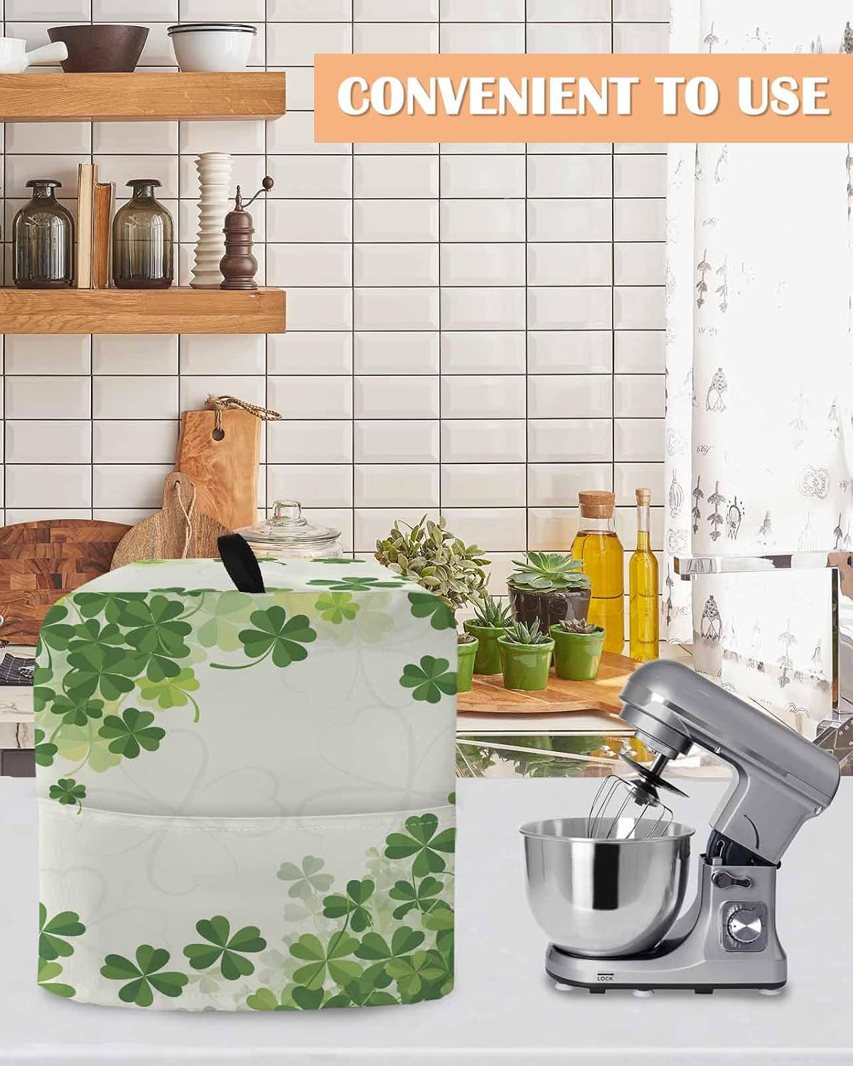 St. Patrick's Day Stand Mixer Cover with Storage Pocket, Waterproof Kitchen Mixer Covers, Green Lucky Shamrock Spring Country Kitchen Appliance Dust Cover Compatible with 5-8 Quart Mixers