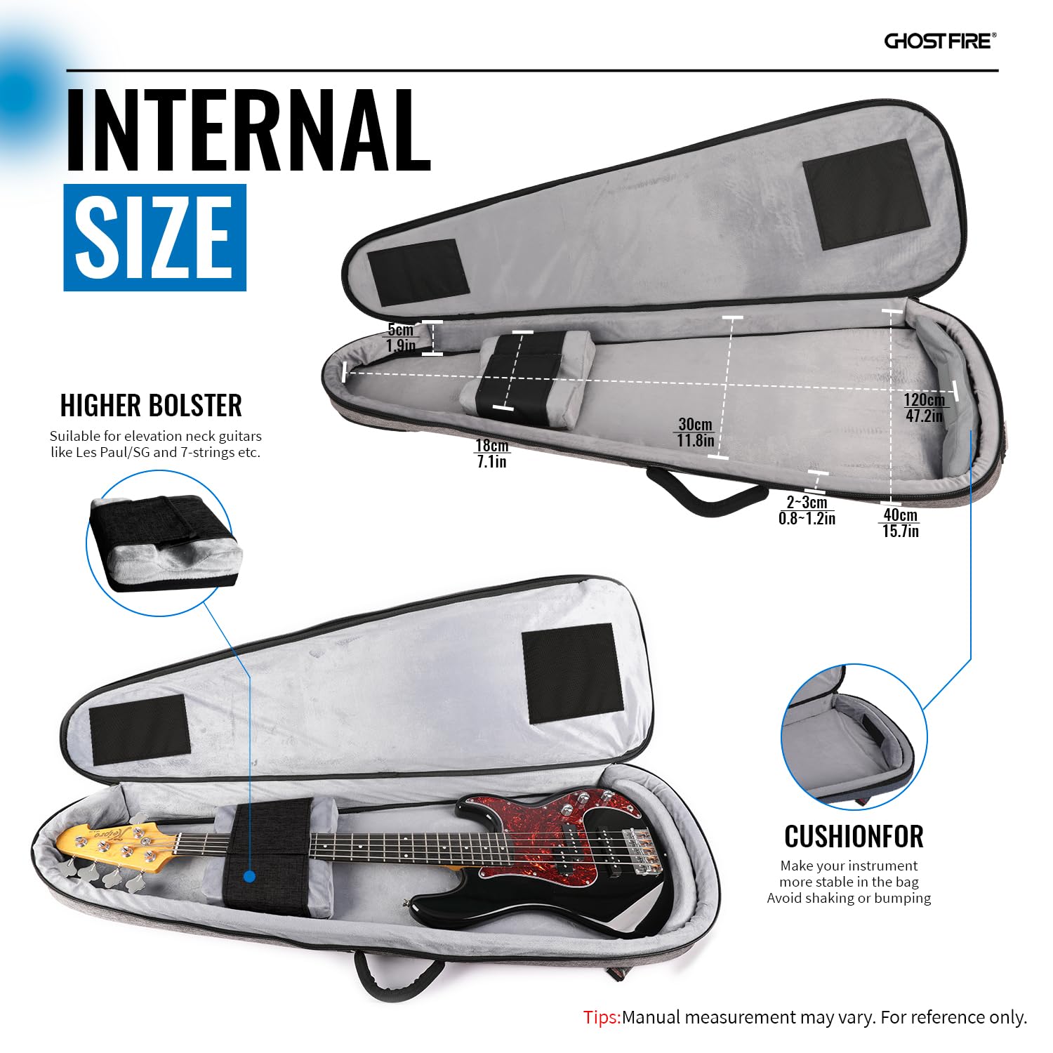 GHOSTFIRE Super dicke High-End Bass Gigbag für Precision/Jazz Bass, Grau | Gepolsterte Tasche für E-Bass, für Präzisions-/Jazz-Bass, wasserdichte Bass-Tasche mit Erweiterungstasche