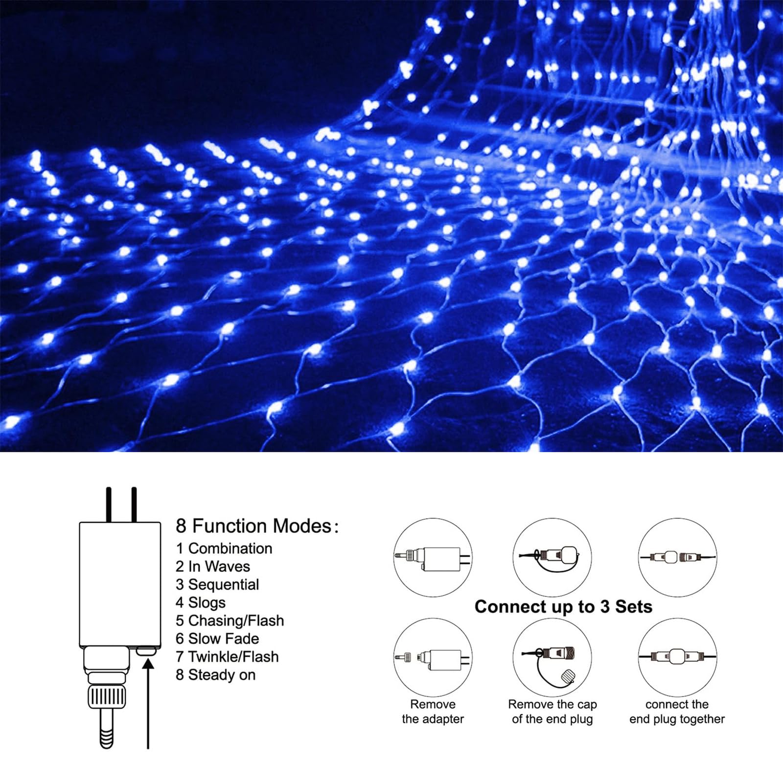 Halloween Lichternetz für Außen, LED Net Lights mit 8 Beleuchtung Modi, Anschließbarer Sicherer Adapter für Gärten, Büsche, Feste, Weihnachten Dekorative(10m x 8m 2600led, Blue)