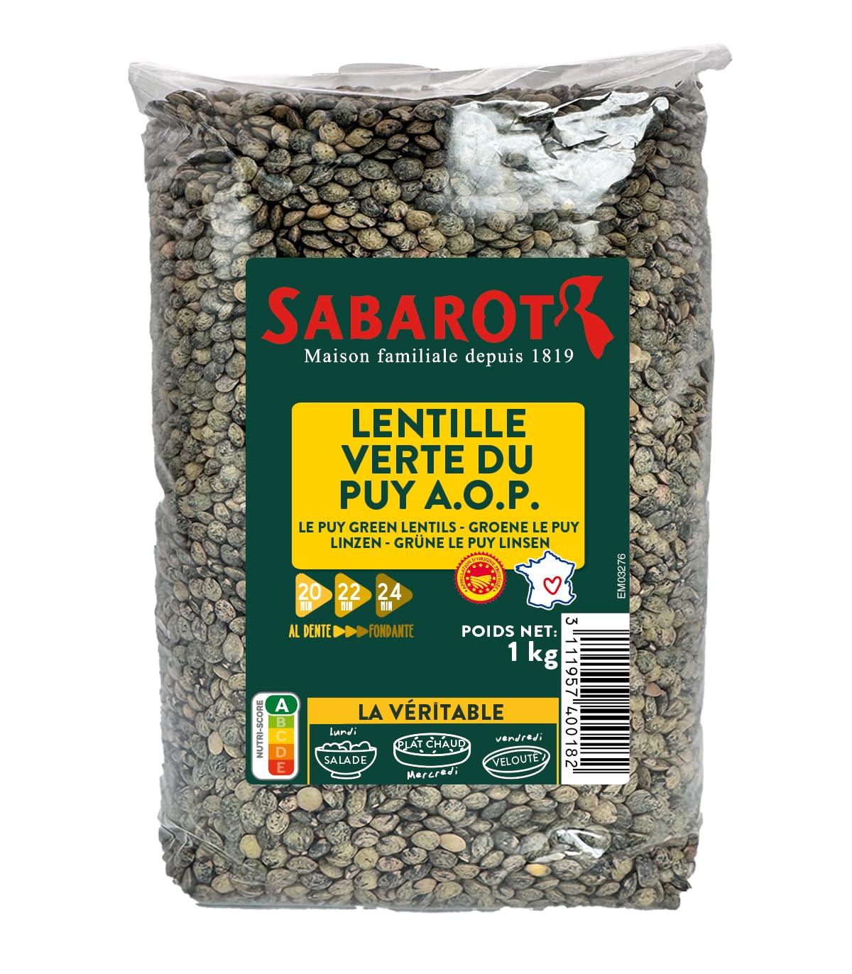 Lentilles vertes du Puy A.​O.​P. - Sachet 1kg - Sabarot