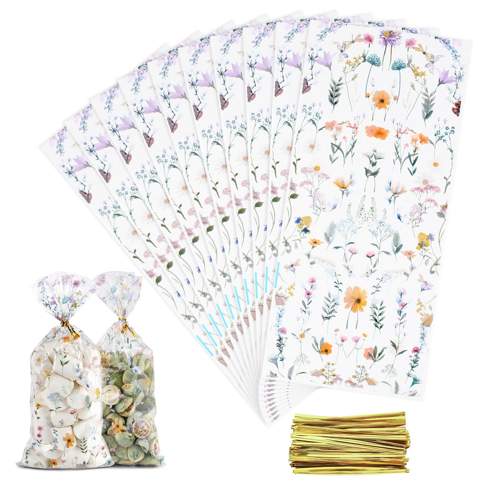 150Pcs 12.5x27.5cm Wildflower Cellophane Treat Bags Floral Candy Bags with Twist Ties for Party Favors Baby Shower Bridal Shower Birthday Wedding, Clear Plastic Goody Bags for Sweets and Snacks