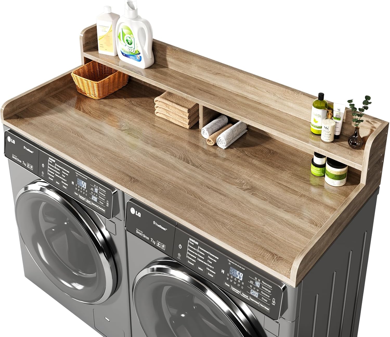 2-Tier Washer and Dryer Countertop with 2.75" H Guard,58" W x 28" D Laundry Countertop Cover with Non-Slip Pad,Large Space Laundry Topper for Folding Clothes Over Washer and Dryer-White Oak