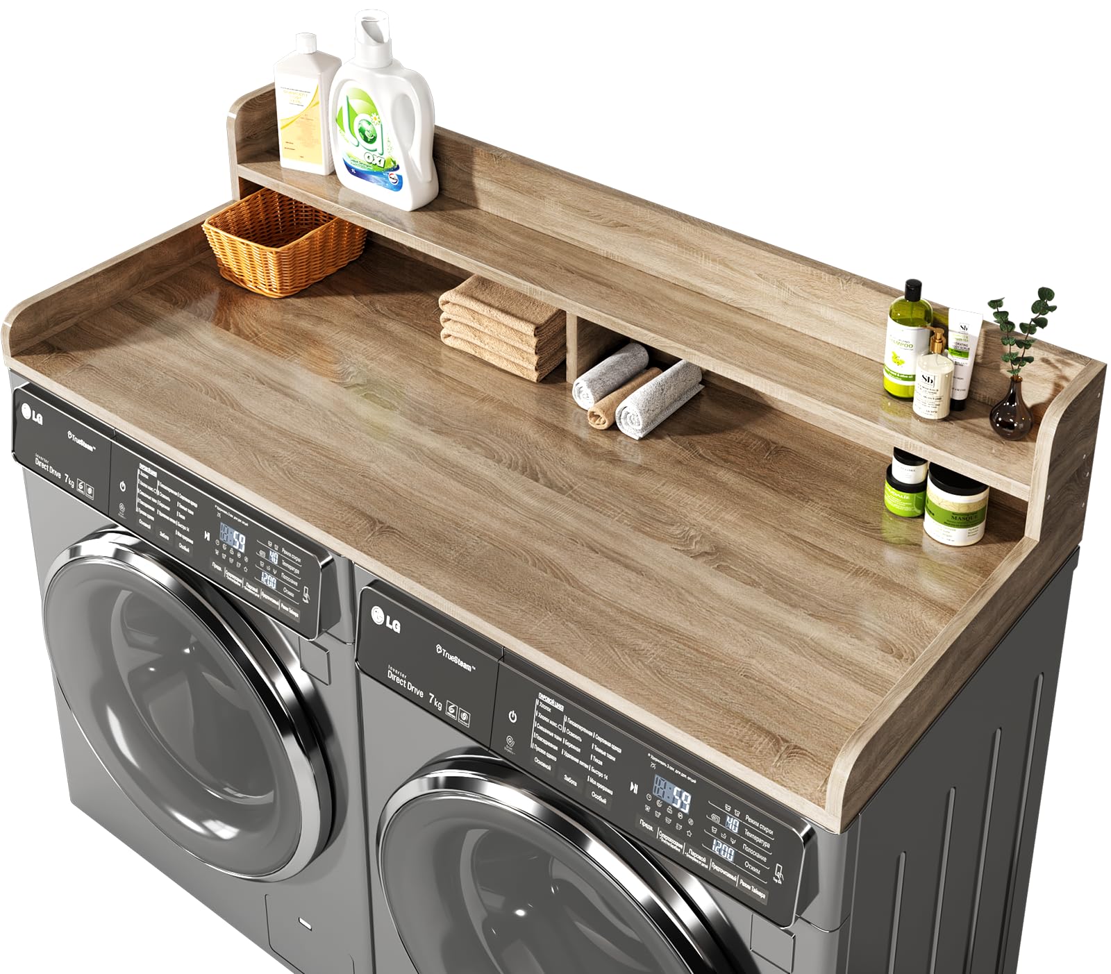 2-Tier Washer and Dryer Countertop with 2.75" H Guard,58" W x 28" D Laundry Countertop Cover with Non-Slip Pad,Large Space Laundry Topper for Folding Clothes Over Washer and Dryer-White Oak