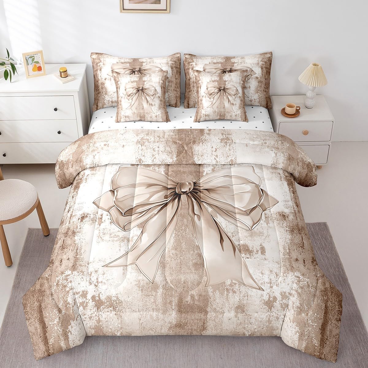 Erosebridal Rustic Farmhouse Comforter Set Twin Size,Oil Painting Style Bow Tie Bedding Set for Kids Teens,Fantasy (Comforter+Fitted+Flat Sheet+2 Pillowcases+2 Throw Pillow Covers) 7 Pieces Bed Set