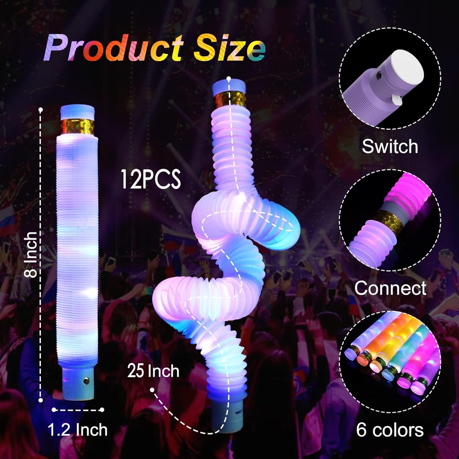 Xrten 12pcs Light Up Pop Tubes, Colorful Tubes, Led Pop Glow Sticks Toys Party Supplies Party Bag Fillers For Kids Gifts Party Supplies - Image 2