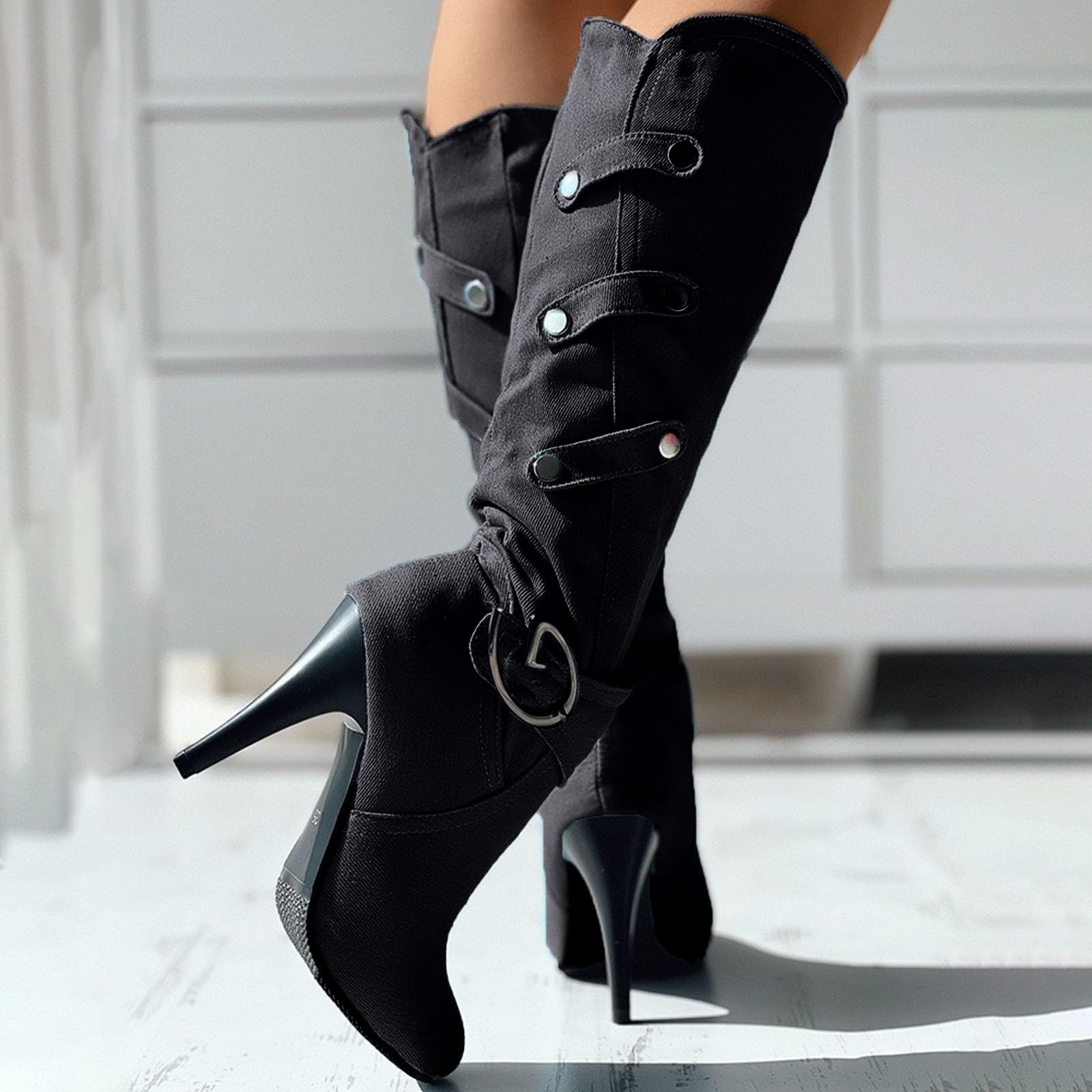 Botas de Invierno Mujer Zapatos de Mujer tamaño, otoño e Invierno, Nueva Tela Vaquera, Tacones Gruesos, Botas Altas con Hebilla, Largas para niños