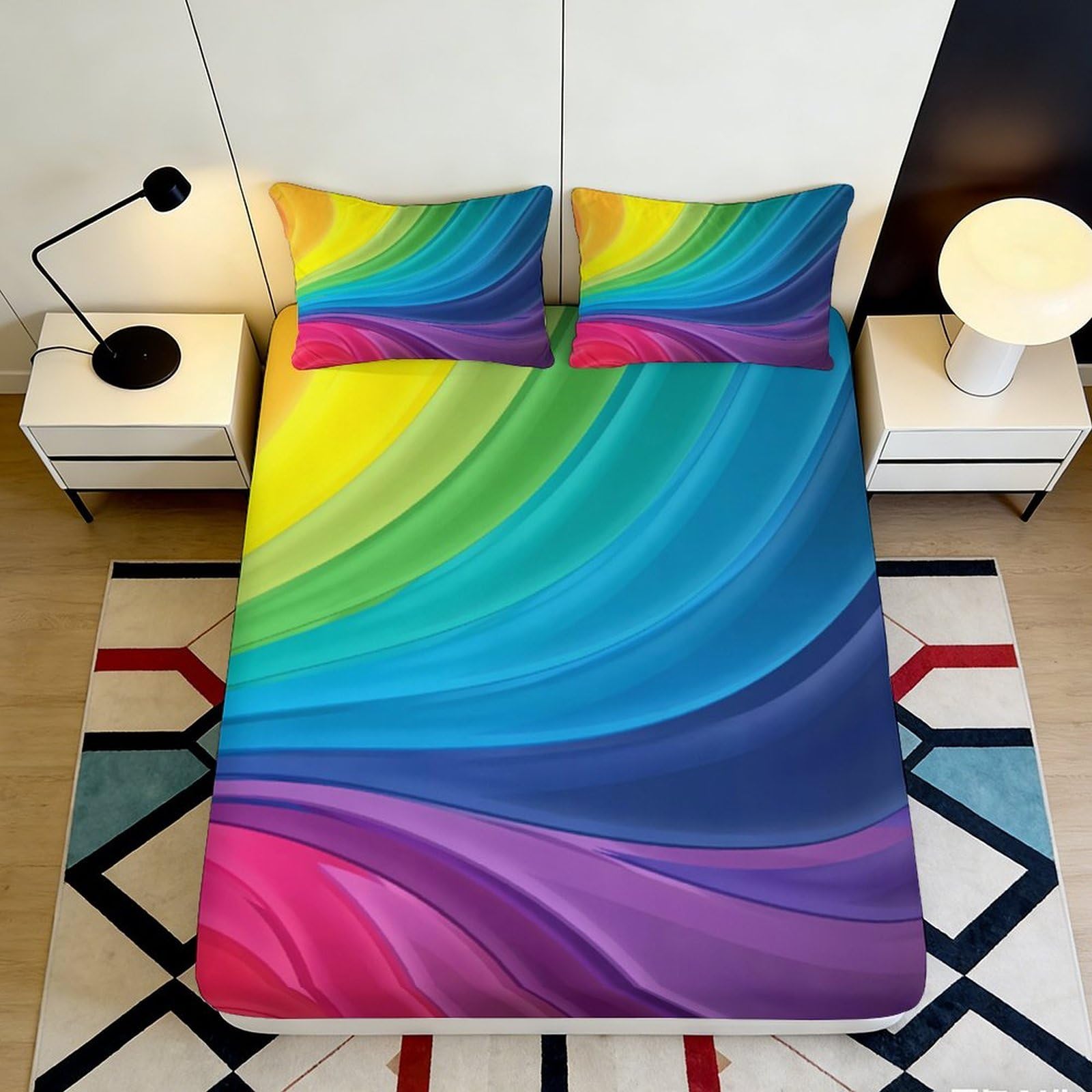 Tjiqhvmrn Style-4 3D Printed Rainbow Wave Microfiber Fitted Sheet Deep Pocket Non-Slip Bedroom Set Color Mattress Fitted Cover Washable For Adults 90X200x25cm