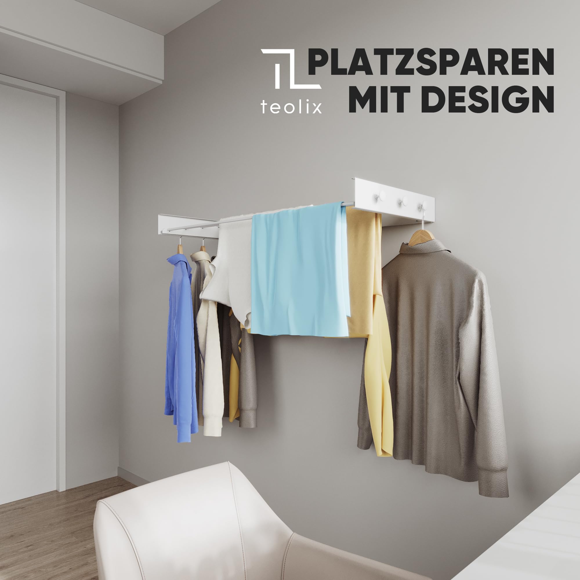 Wäscheständer Wandmontage [2in1 mit extra Kleiderhaken] Ausziehbar und Platzsparend | Wäschetrockner Klein für Wand | Clothes Drying Rack Zeitlos Praktisch - (Weiß, 100cm)