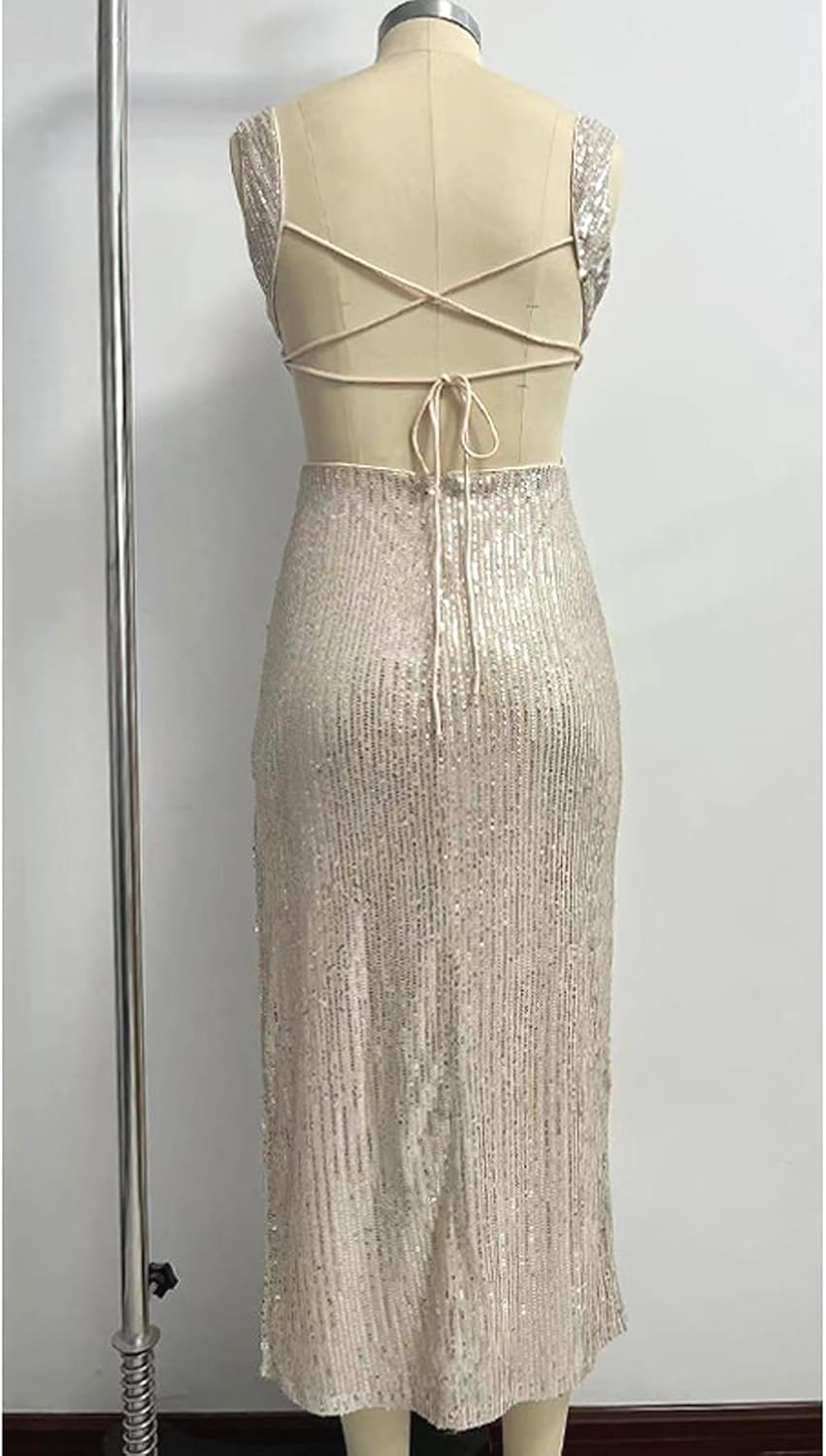 Women Sequin Dress Elegant Square Neck Ruched Midi Dress Sexy Tie Backless Maxi Dress - Image 7