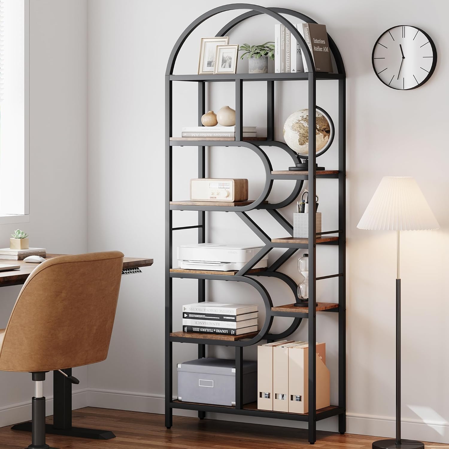 Regał z 6 poziomami łukowy design - 208 cm metal/MDF, 16 kg na podłogę - regulowane, otwarte półki do salonu/sypialni/biura (antypoślizgowy, łatwy montaż)