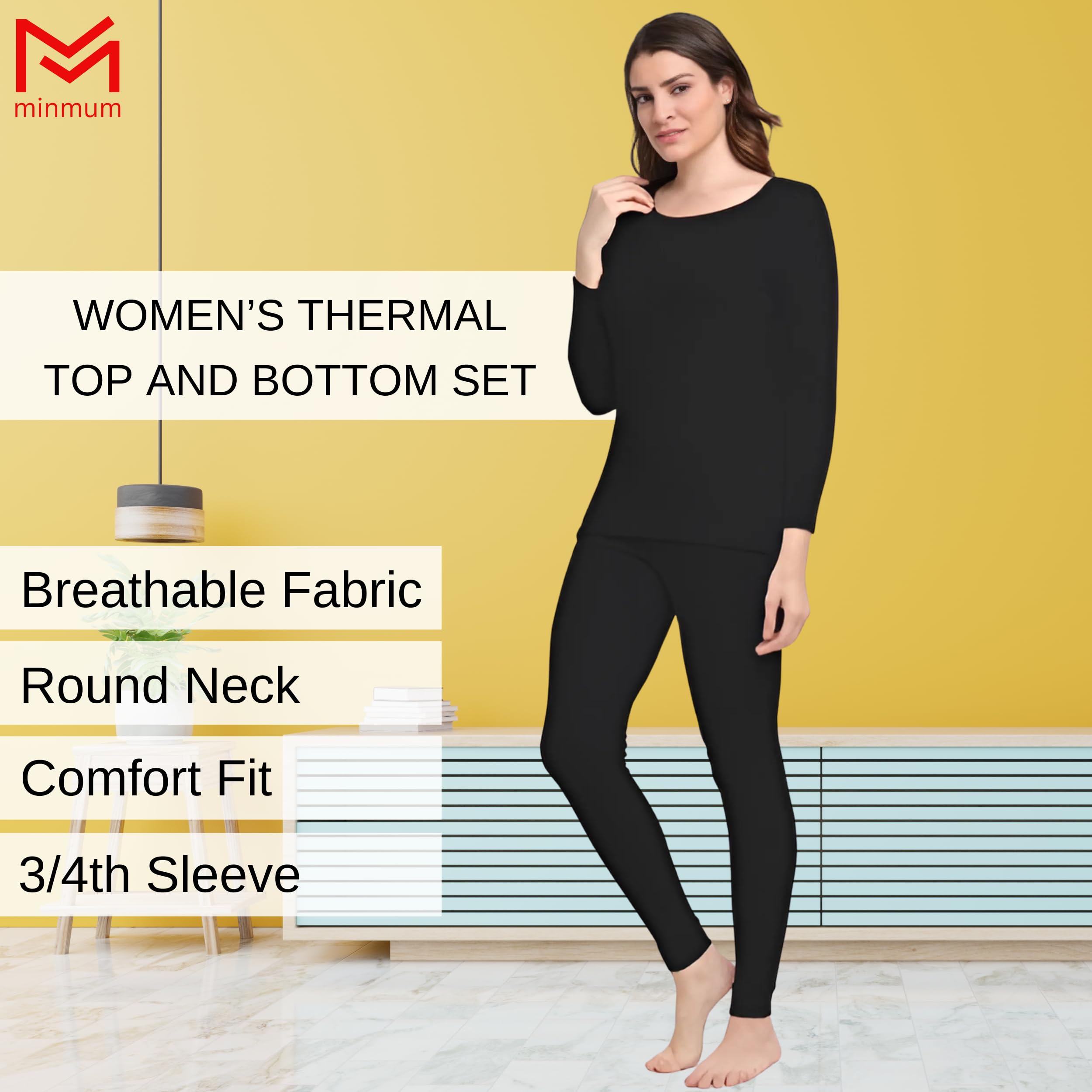 minmum Women's Cotton Thermal Set Top & Bottom | Round Neck | 3/4th Sleeves | Winter Wear (Black, 105) - Image 2 thumbnail