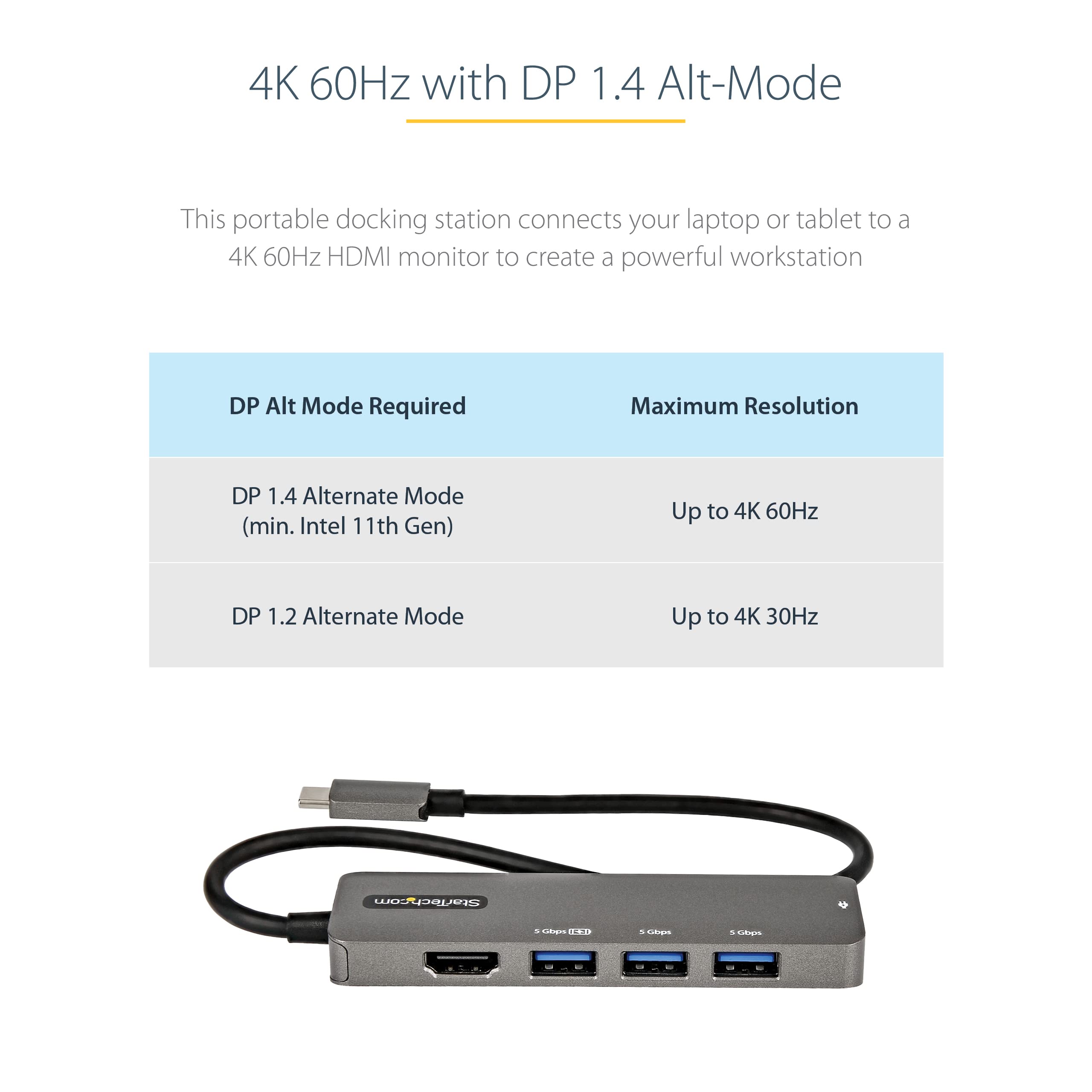 StarTech.com Wieloportowy adapter USB C, USB-C na HDMI 2.0b 4K 60Hz (HDR10), zasilanie 100 W, 4-portowy hub USB 3.0, mini stacja dokująca USB typu C, kabel 12" (30 cm) długi kabel (DKT30CHPD3)