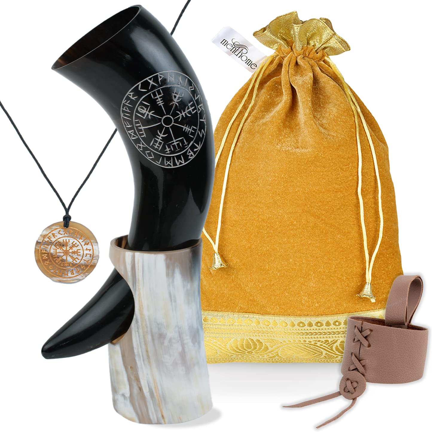 Menthome Viking Compass Engraved and Leather Brown Holster Vegvisir Medieval Viking Drinking Horn | Horn stand | Pendant and Golden bag 12 Oz(Vegvisir)