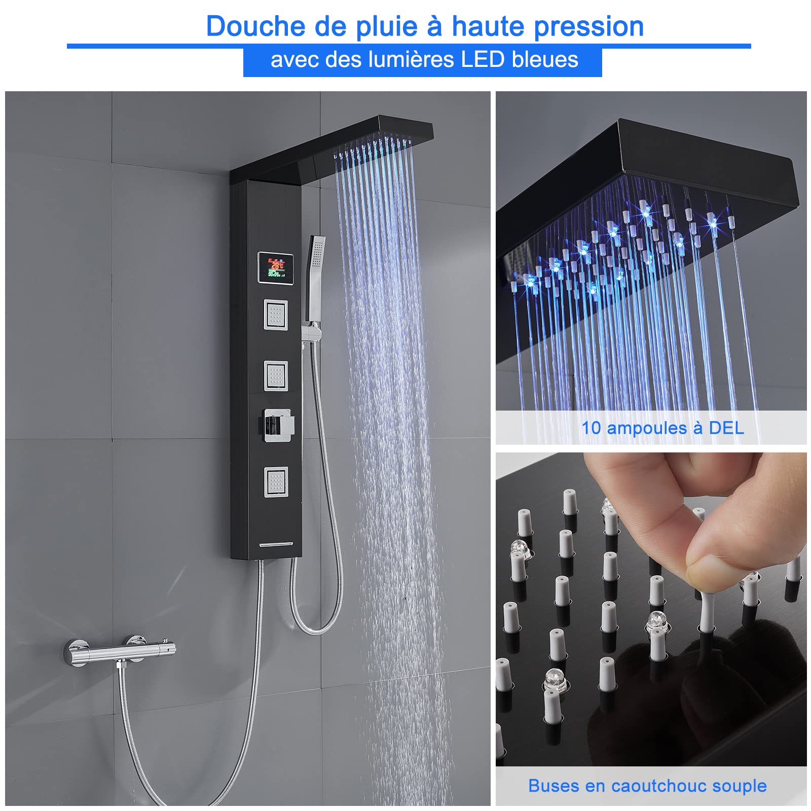 ROVOGO Panneau Colonne de Douche Hydromassante Led sans Robinetterie, 5 Fonctions: LED Douche Pluie, Jet de Massage, Douchette, Bec Bain déverseur et Affichage de La température, Acier Inox 304, Noir