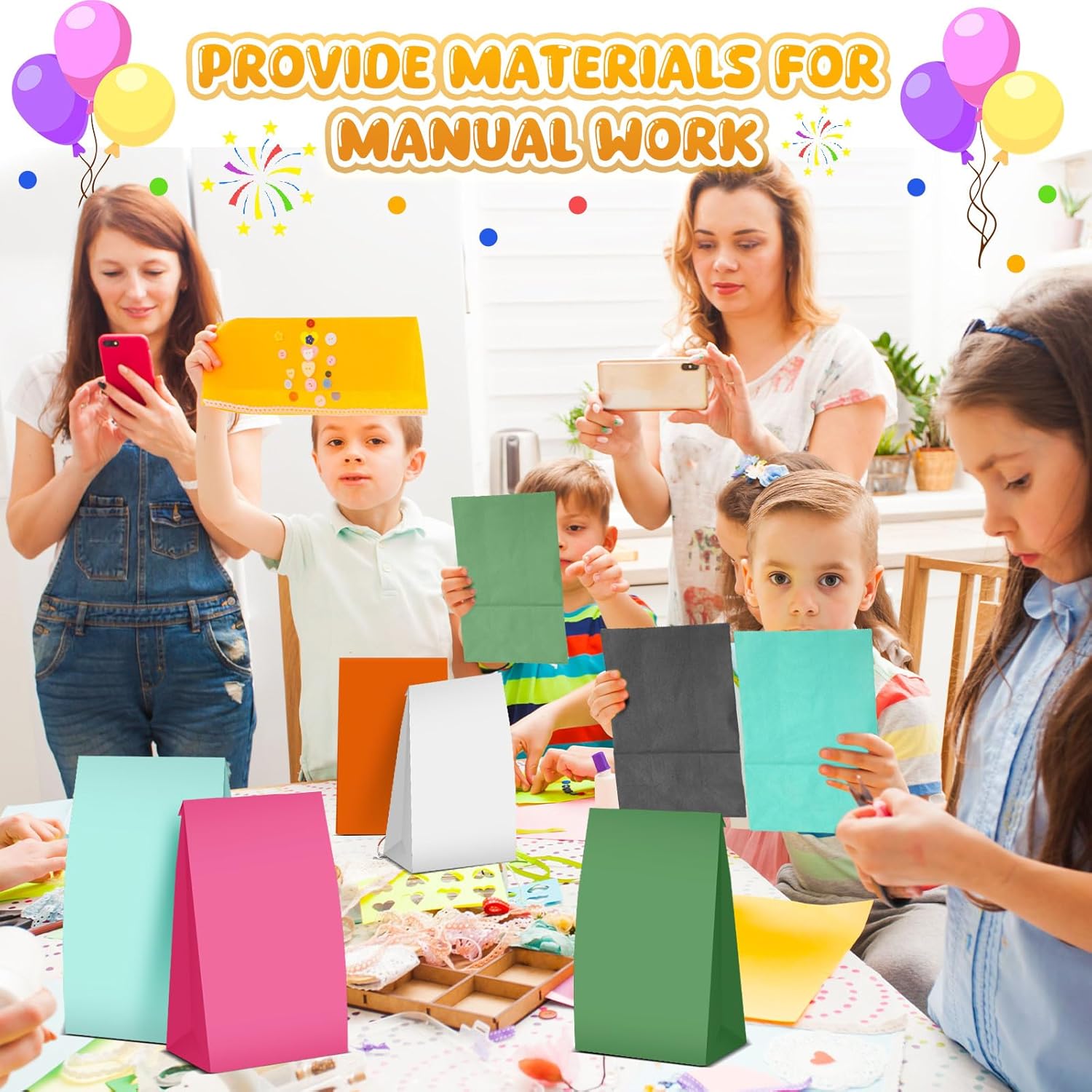 Clabby 100 Piece Colored Paper Bags Gift Party Favor Rainbow Small Size Treat Goody Lunch Paper Bags for Birthday Wedding Baby Shower Crafts, 8 Colors, 9.45 x 5.12 x 3.15 Inches(Soft Colors) - Image 5