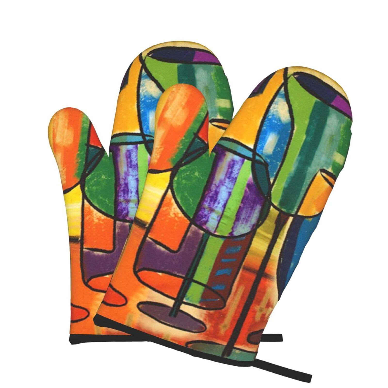 Oven Mitts Set of 2 Pcs, Wine Bottle Art Prints Heat Resistant Kitchen Gloves for Cooking Baking Grilling