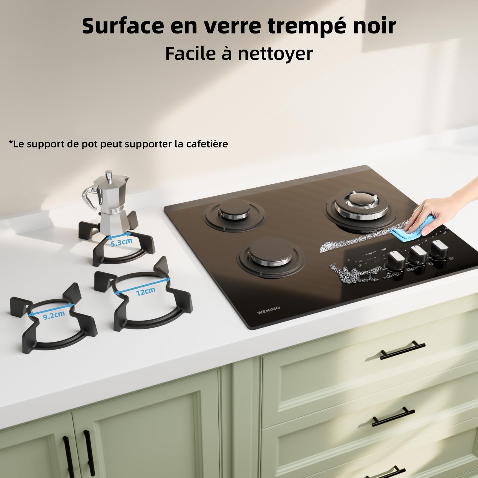 Wehimo - Placa de cocina de gas de 3 fuegos, placa de gas de 3 fuegos empotrable, mesa de cocción 60 cm, rejilla hierro fundido, 7750 W, cristal negro — view 6
