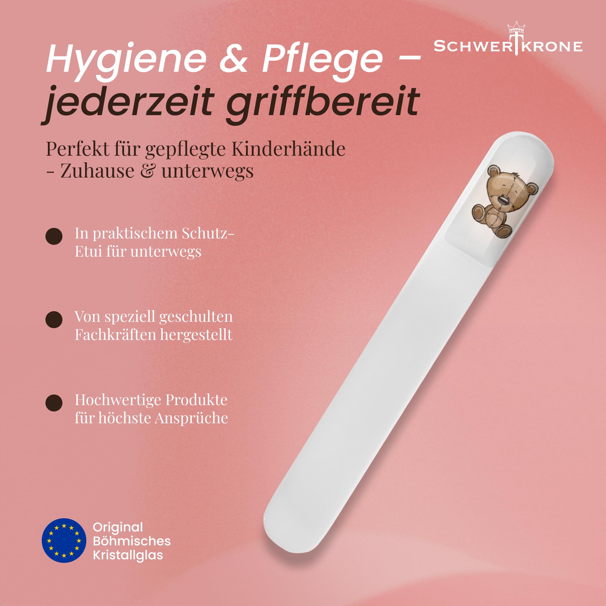 SCHWERTKRONE Lime à ongles pour enfant en cristal de Bohême délicate lime en verre pour bébés et jeunes enfants à grain fin des deux côtés Motif ourson en gel 3D hygiénique Made in EU