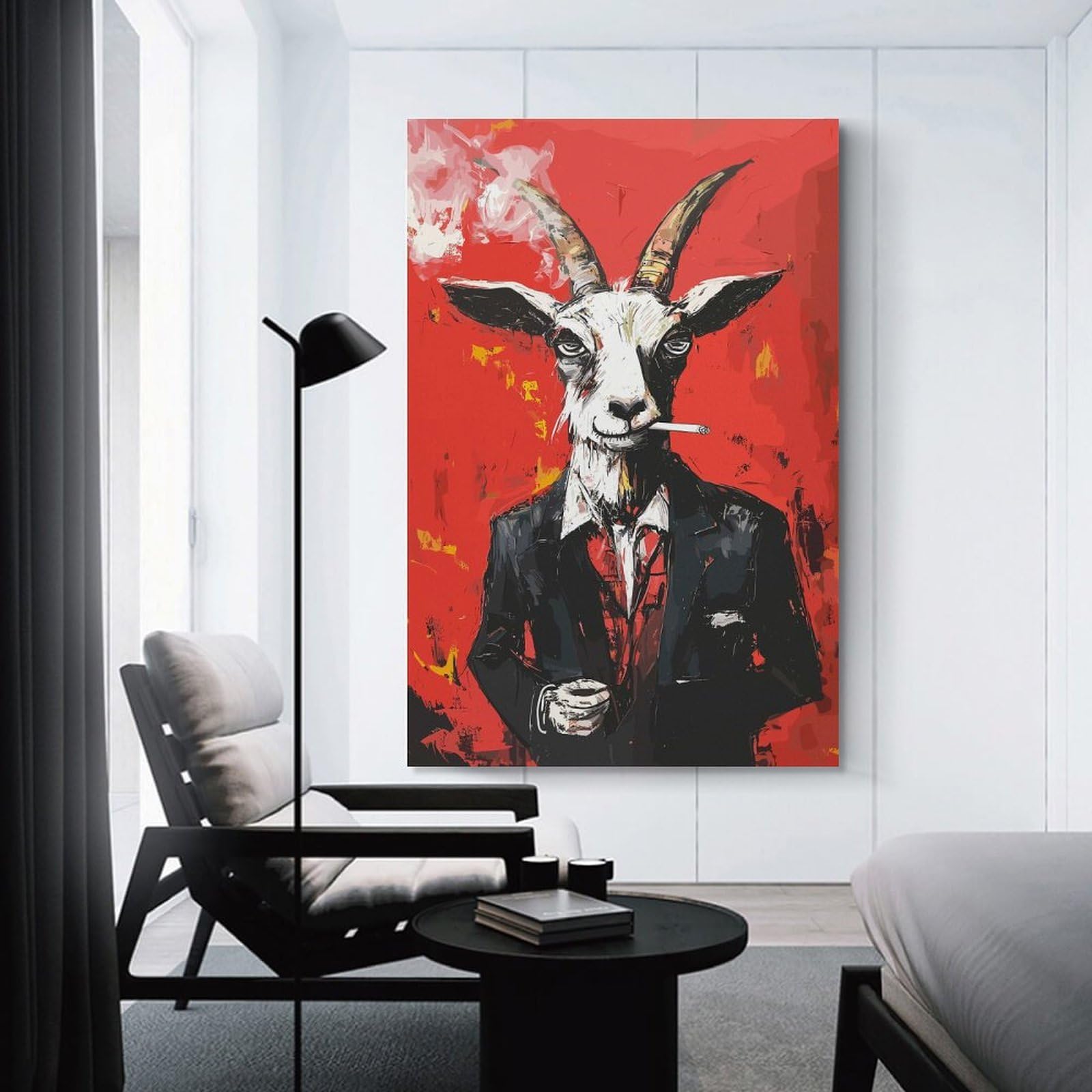Junmoney Unframe-Style-8 Decorative Wall Artwork Goat In Suit Smoking Cigarette, 24X36inch(60X90cm), For New Homes, Bedrooms Or Workspaces, Canvas Artwork With Gifting Potential