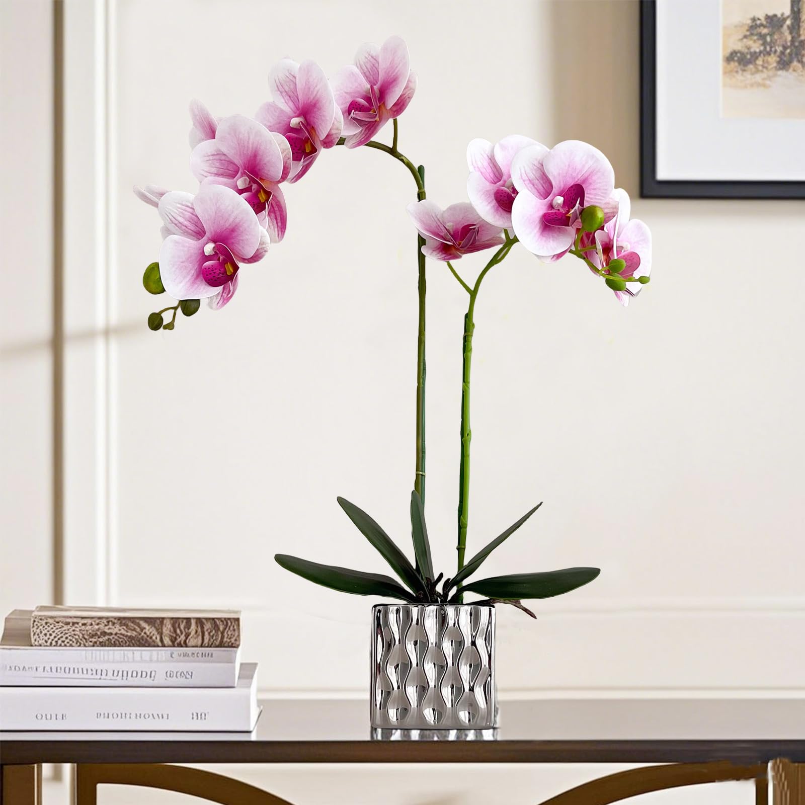 Orchidea Artificiale In Vaso Argento – Pianta Finta Realistica Con 7 Fiori, 5 Boccioli E 5 Foglie, Altezza 50 Cm, Per Casa E Ufficio