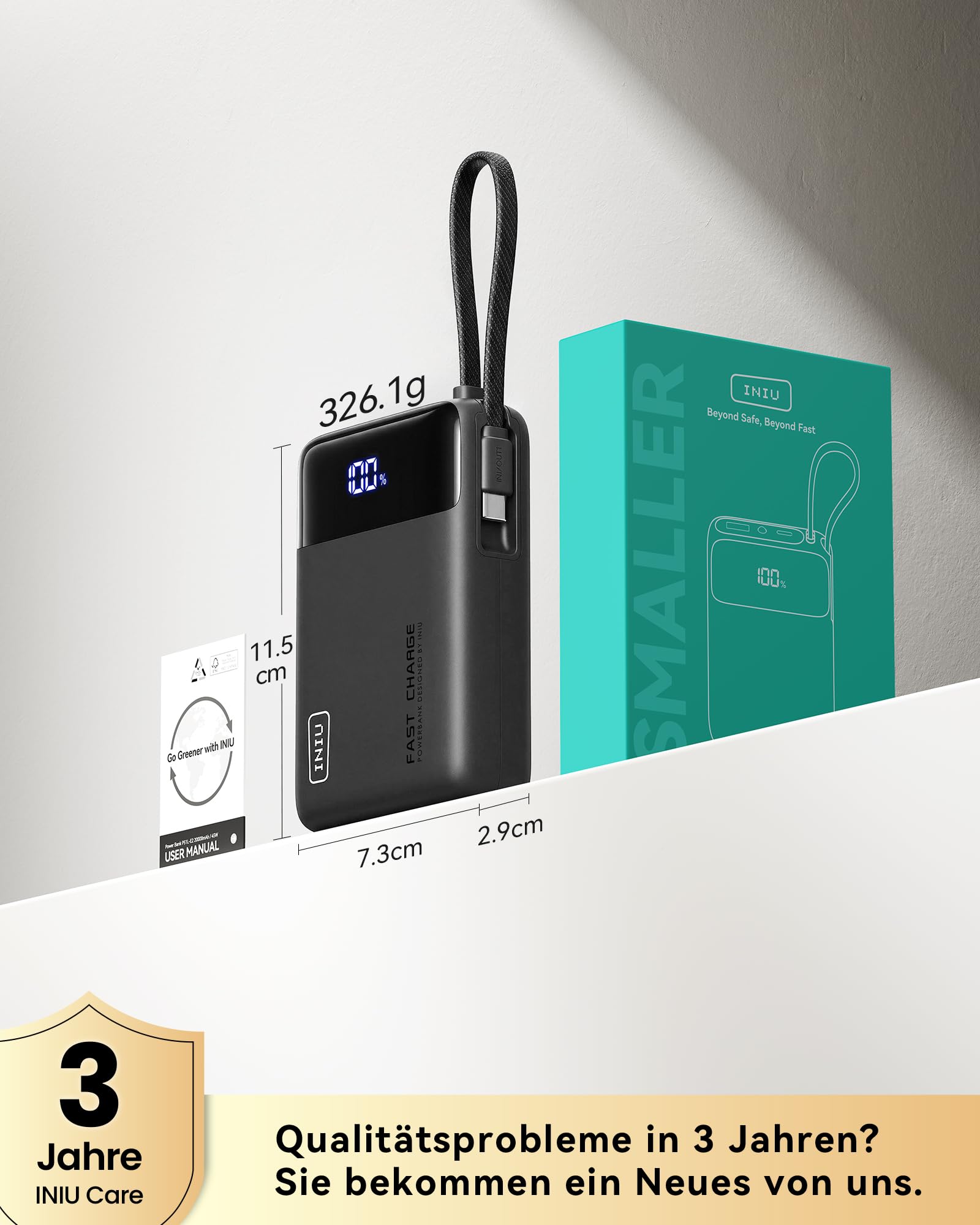 INIU 45W Power Bank, Ultra Klein 20000mAh Powerbank mit Integriertem USB C Kabel, Schnellladen Externe Handyakkus, Flugzeug Geeignet, Reise-Essential für iPhone 17 16 15, Samsung S22, Xiaomi, iPad etc
