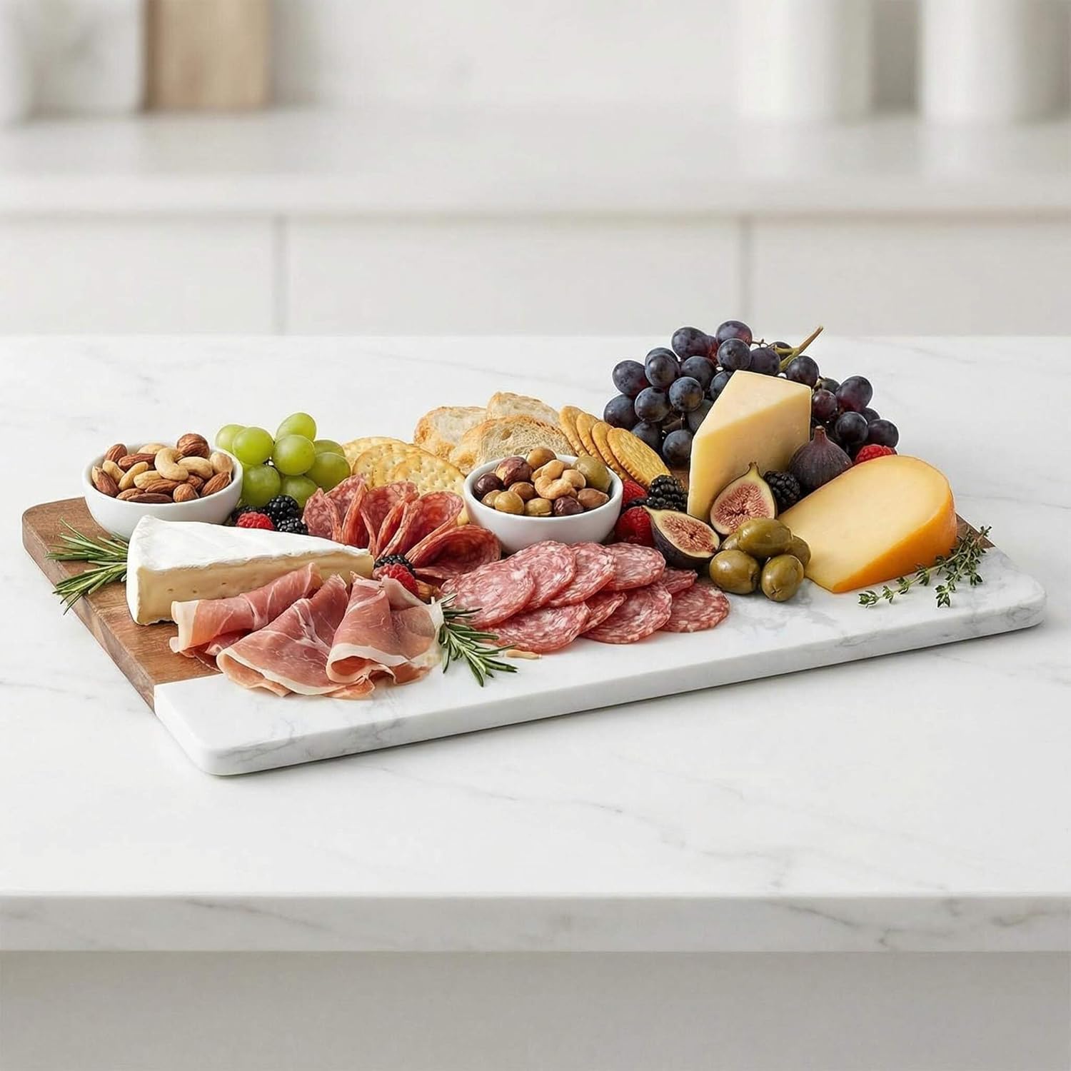 HomeWetBar Personalized Acacia Charcuterie Board | Custom 16 x 9 x 1/2 inch White Marble & Acacia Wood Cheese Board | Perfect Housewarming + Wedding + Couples Gift Idea