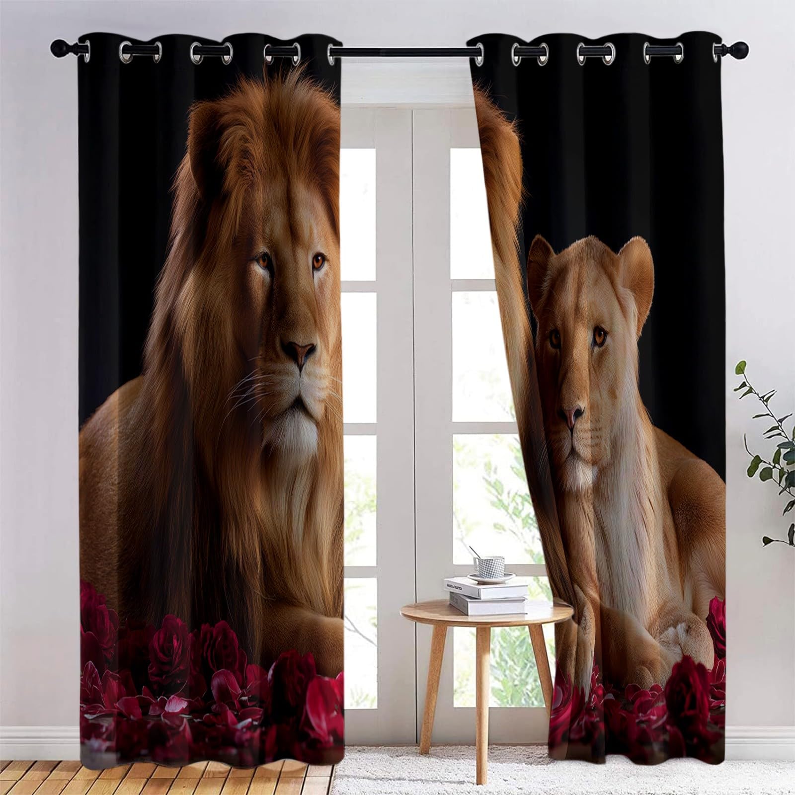 Generico Zasłony zaciemniające 3D z nadrukiem czarny nowoczesny różowy lew - izolowane termicznie zasłony do pokoju i sypialni - zestaw 2 paneli 110 x 215 cm poliester