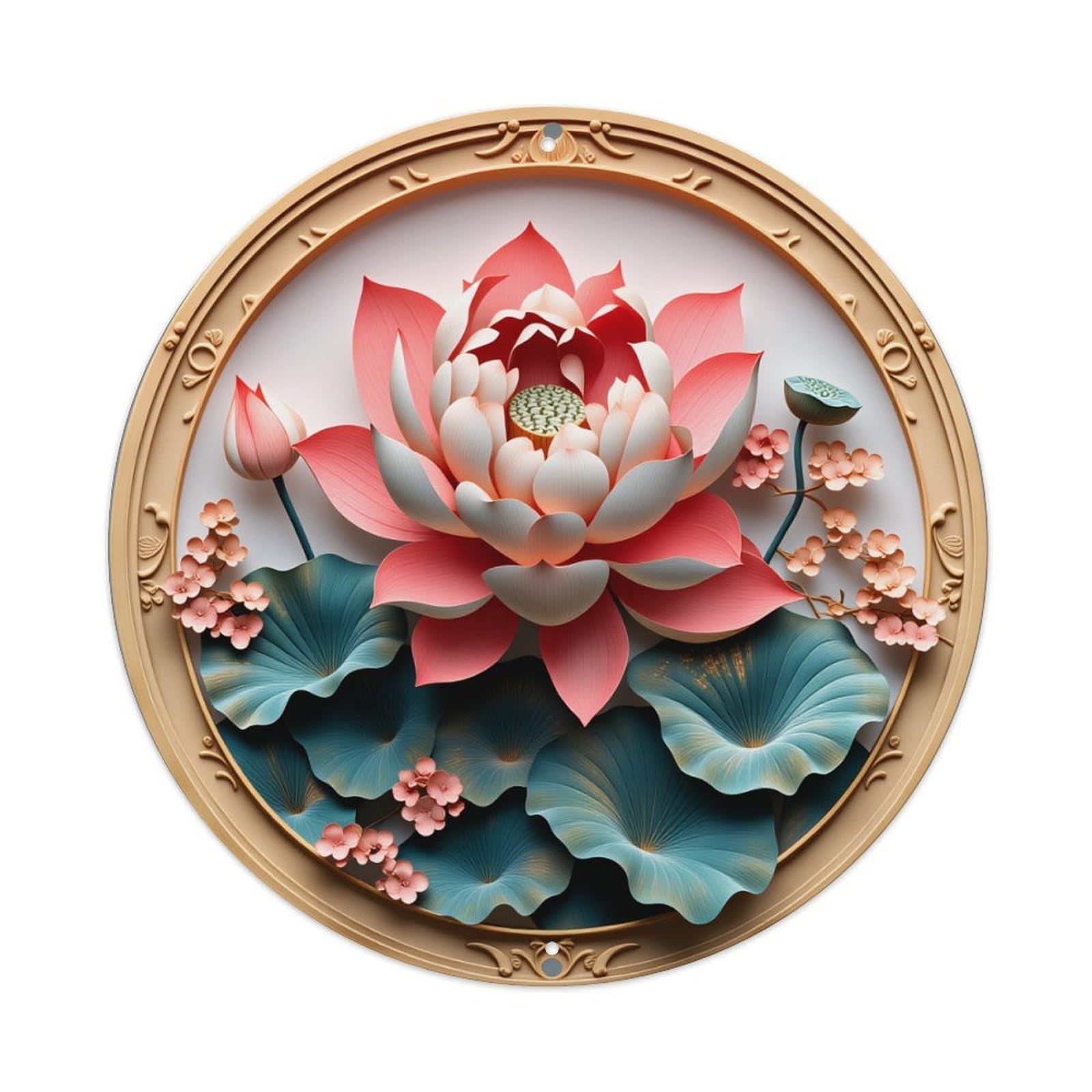 Lotus Flower With Pink Petals And Green Leaves Round Vintage Tin Sign,Retro Wall Art,Metal Poster for Home, Bar, Garage, Cafe, Rustic Indoor & Outdoor Decor, 8x8 Inches