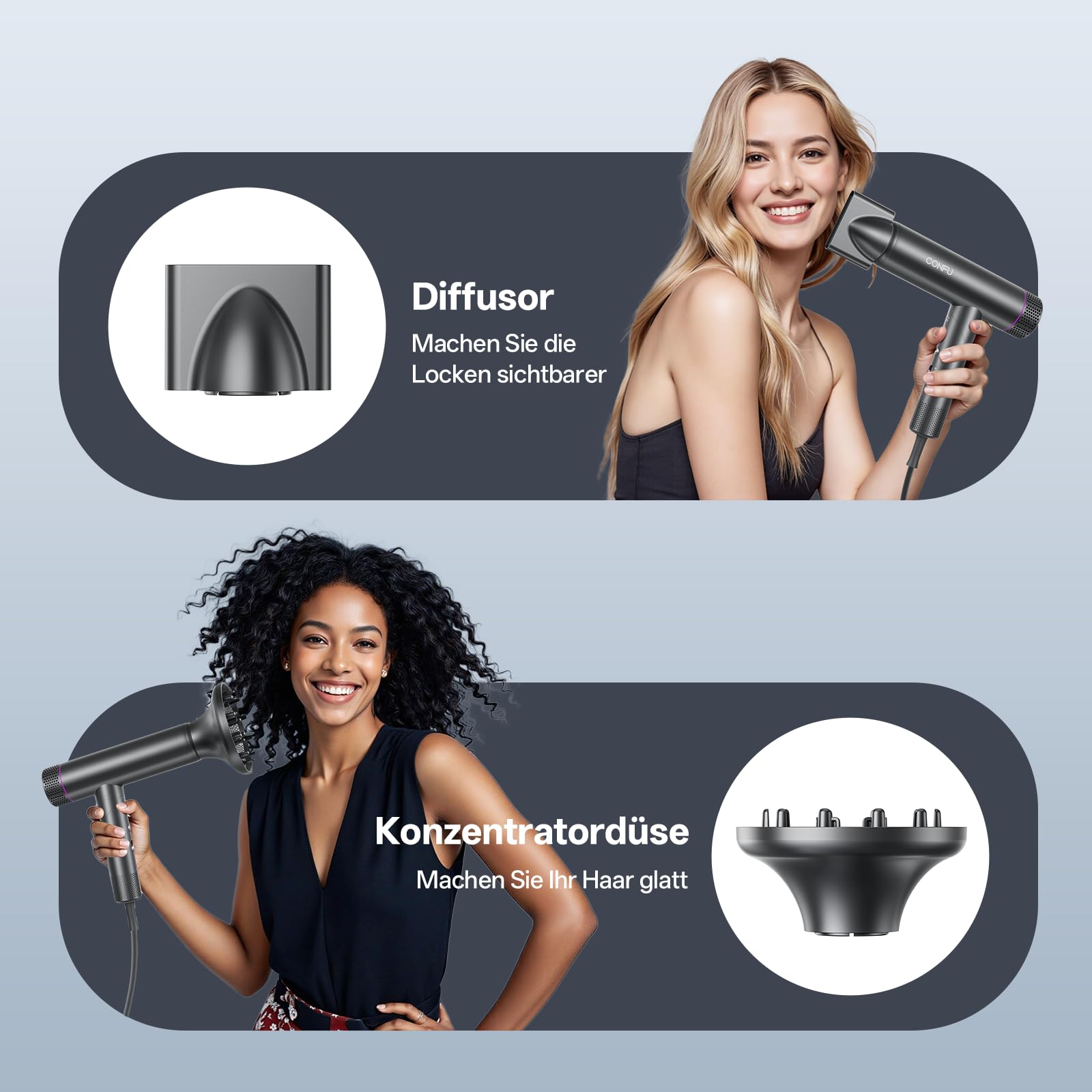 CONFU Fön Ionen Föhn Professioneller Salon Haartrockner 1700W Leicht und Faltbar Wenig Lärm Magnetischer Diffusor StylingDüse Extra lange Kabel, für Hause Salon und Reisen