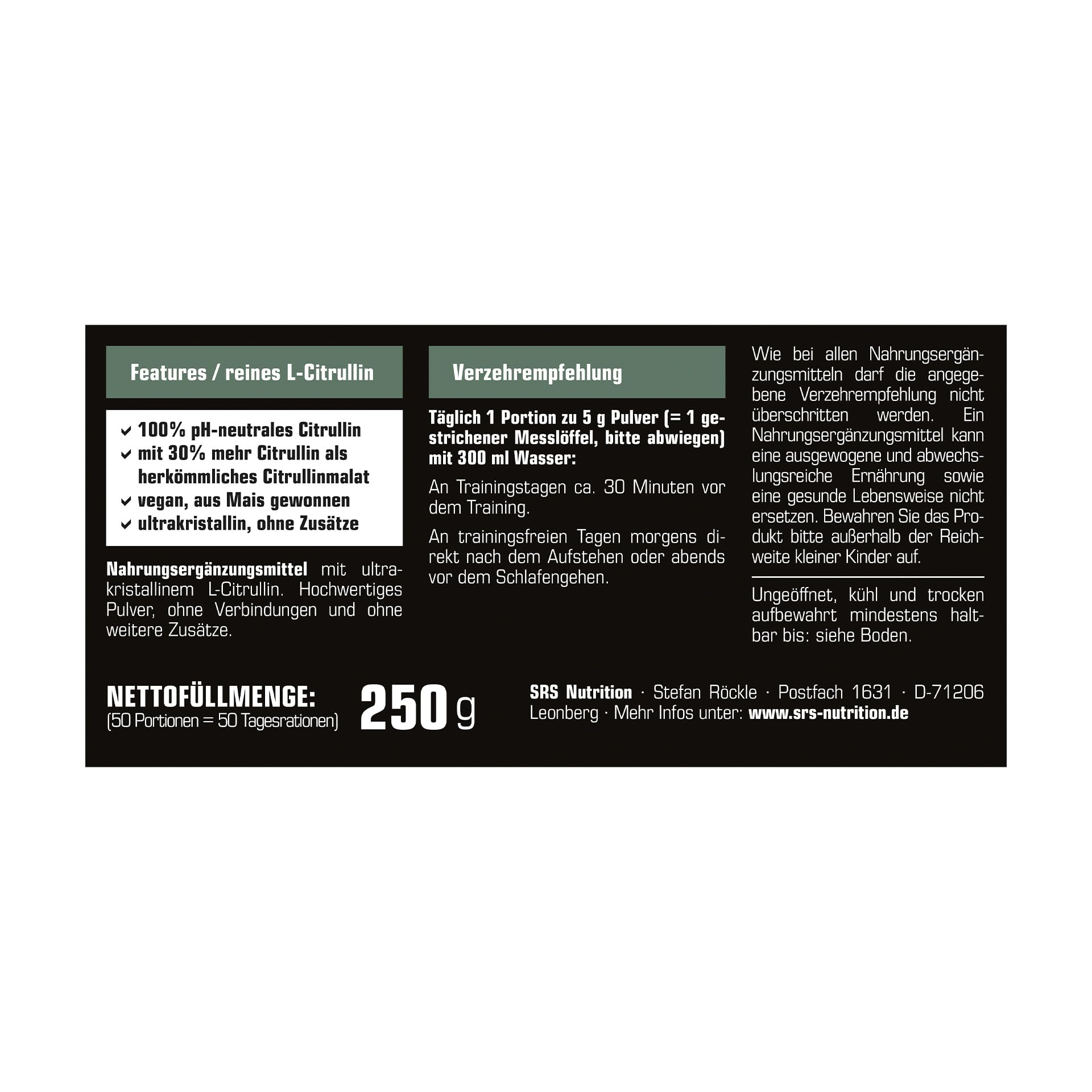 SRS Muscle - Citrullin, 250 g, Neutral | 100% pur ohne Malat | ultrakristallin | aus Mais gewonnen | speziell pH-neutral | 100% vegan | deutsche Premiumqualität
